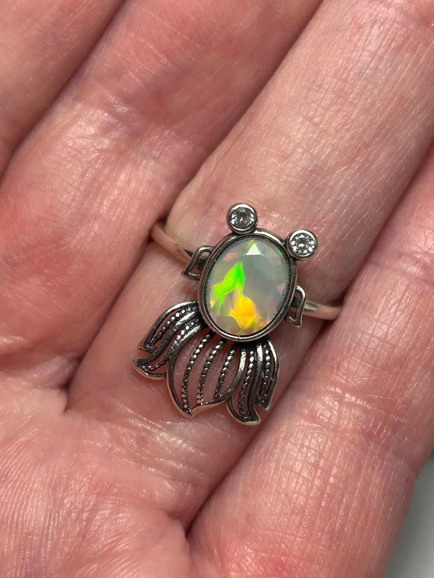 Cute Fish Ring With Faceted Opal Gemstone & CZ • 925 Sterling Silver • Adjustable • Gift box Celtic Dragon Jewellery