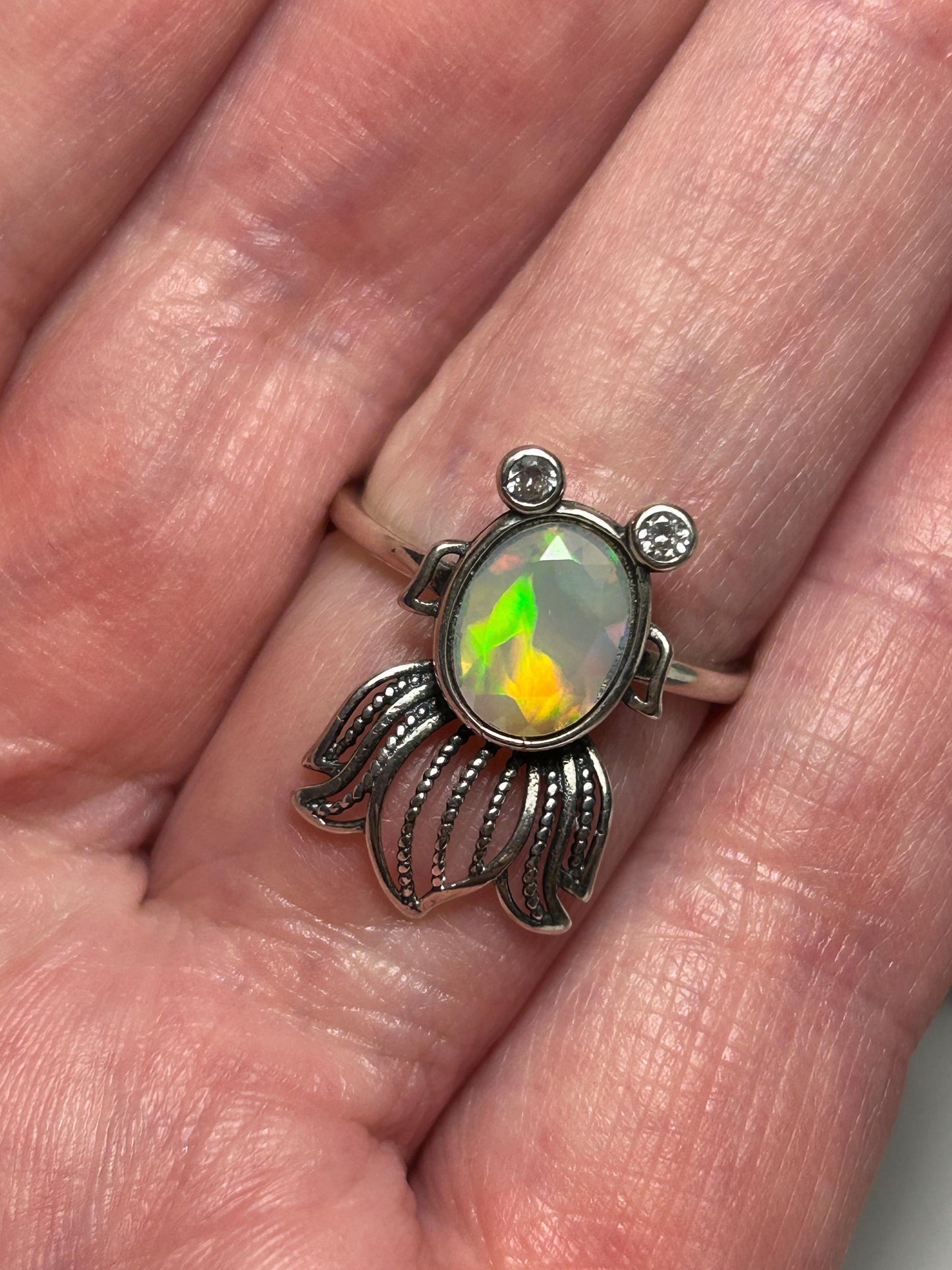 Cute Fish Ring With Faceted Opal Gemstone & CZ • 925 Sterling Silver • Adjustable • Gift box
