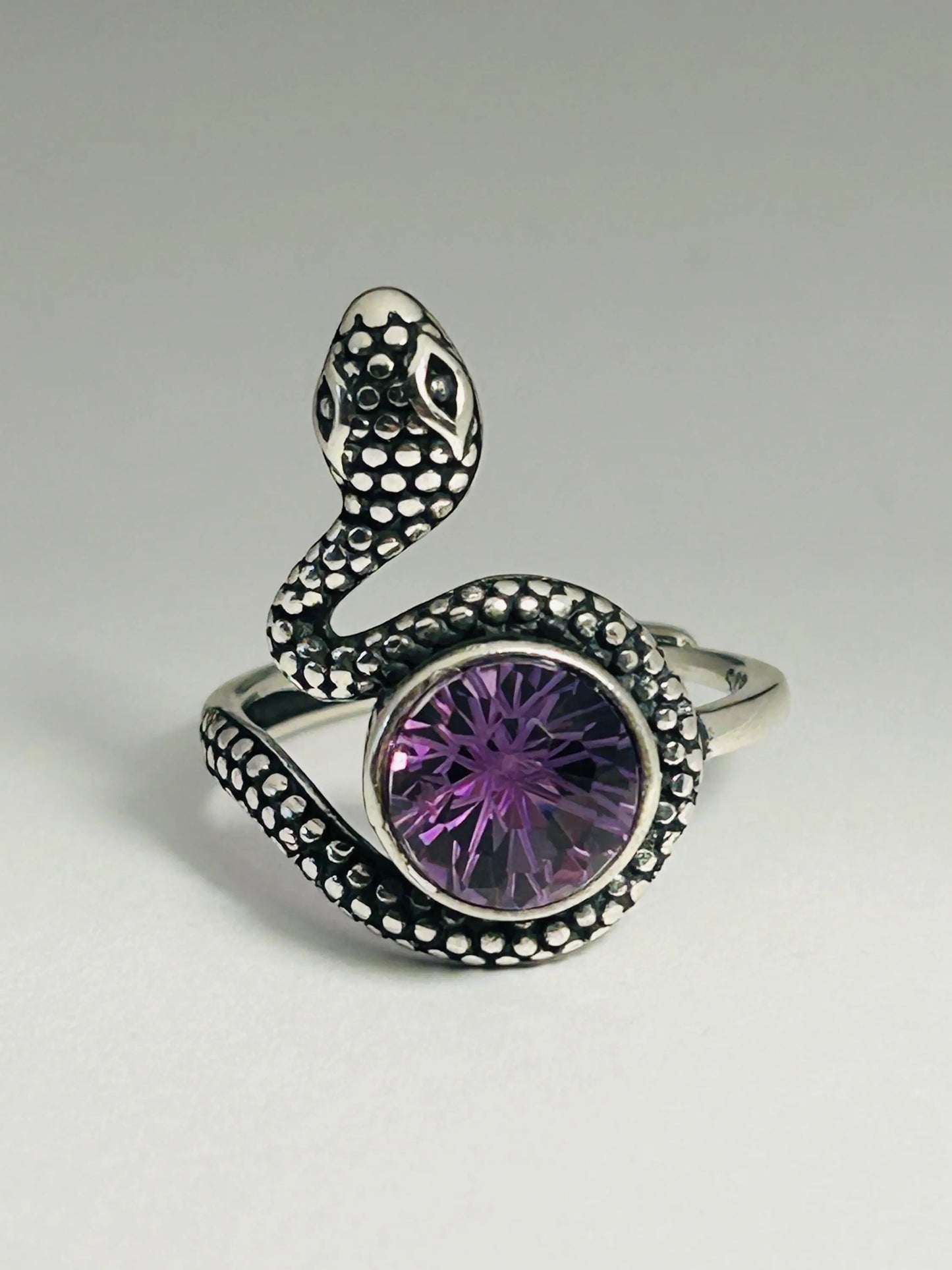 Snake Ring with Faceted Amethyst Gemstone • 925 Sterling Silver • Adjustable • Gift Box Celtic Dragon Jewellery