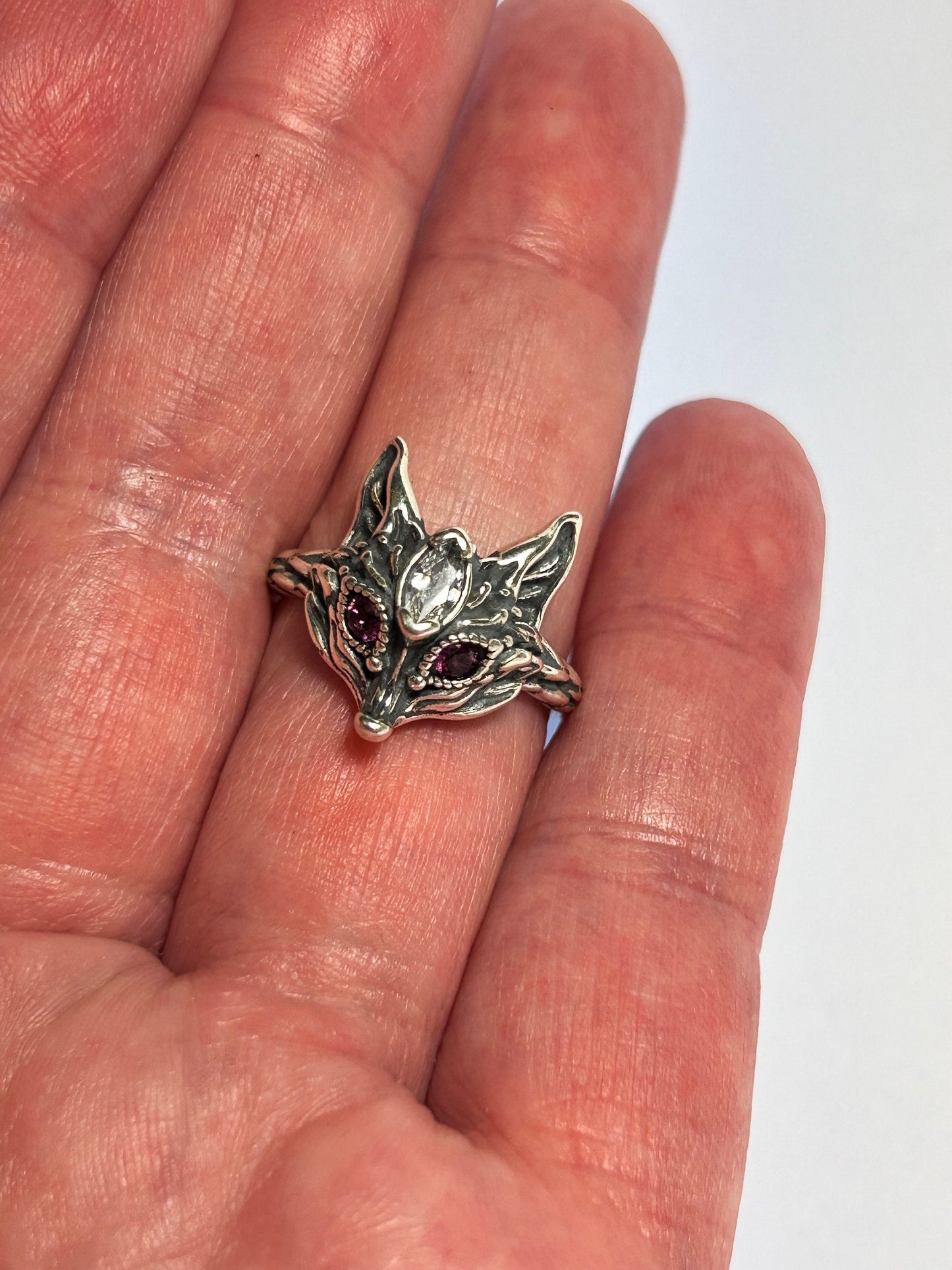 Fox Ring: 925 Silver, Pink Garnet Eyes, Adjustable Band