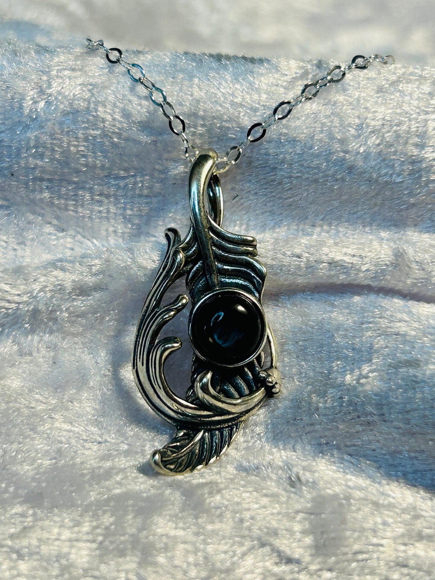 Feather Pendant with Hypersthene Gemstone • 925 Sterling Silver • Gift Box