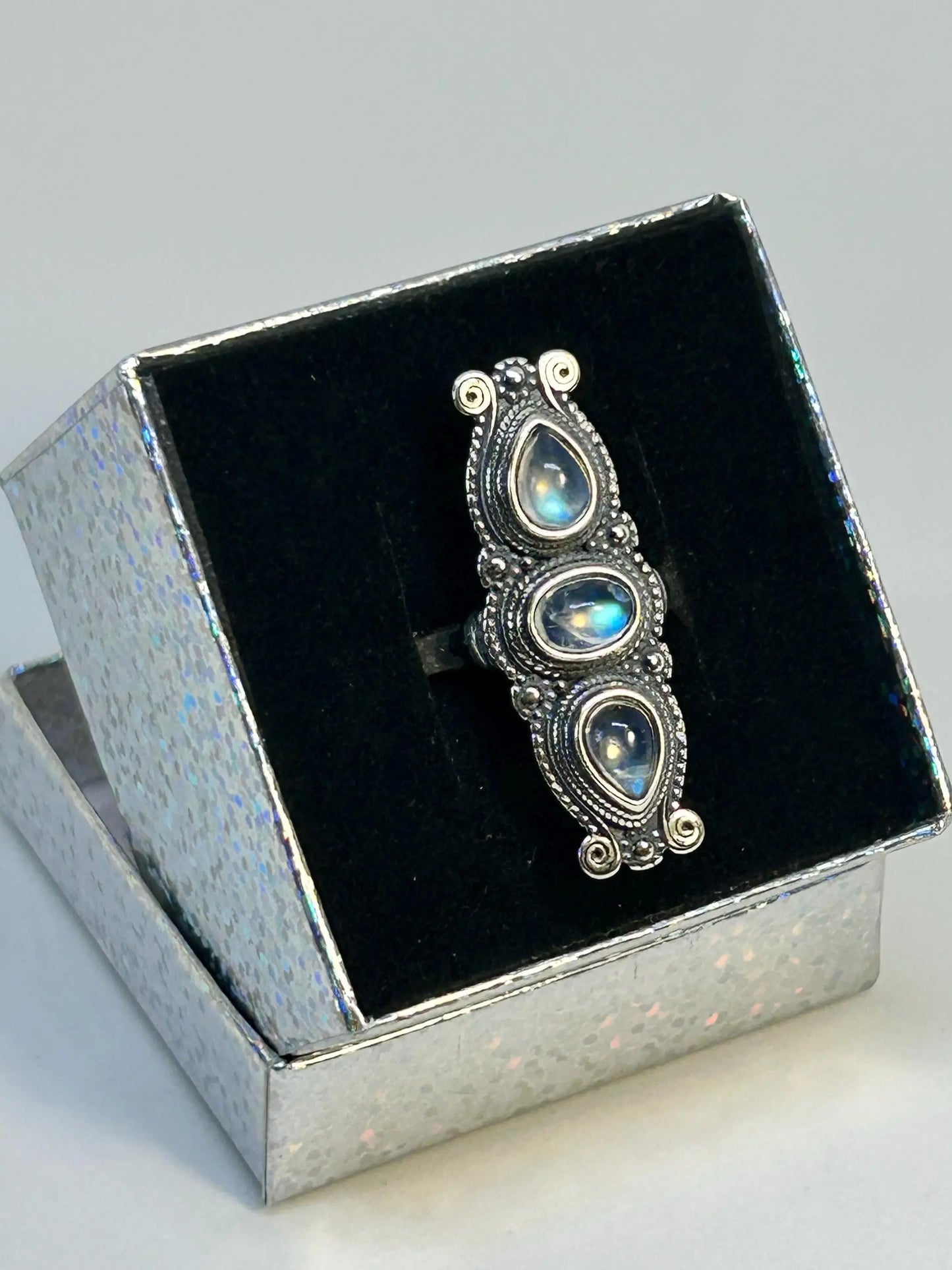 Bohemian Ring with Three Moonstone Gemstones • 925 Sterling Silver • Adjustable • Gift Box Celtic Dragon Jewellery