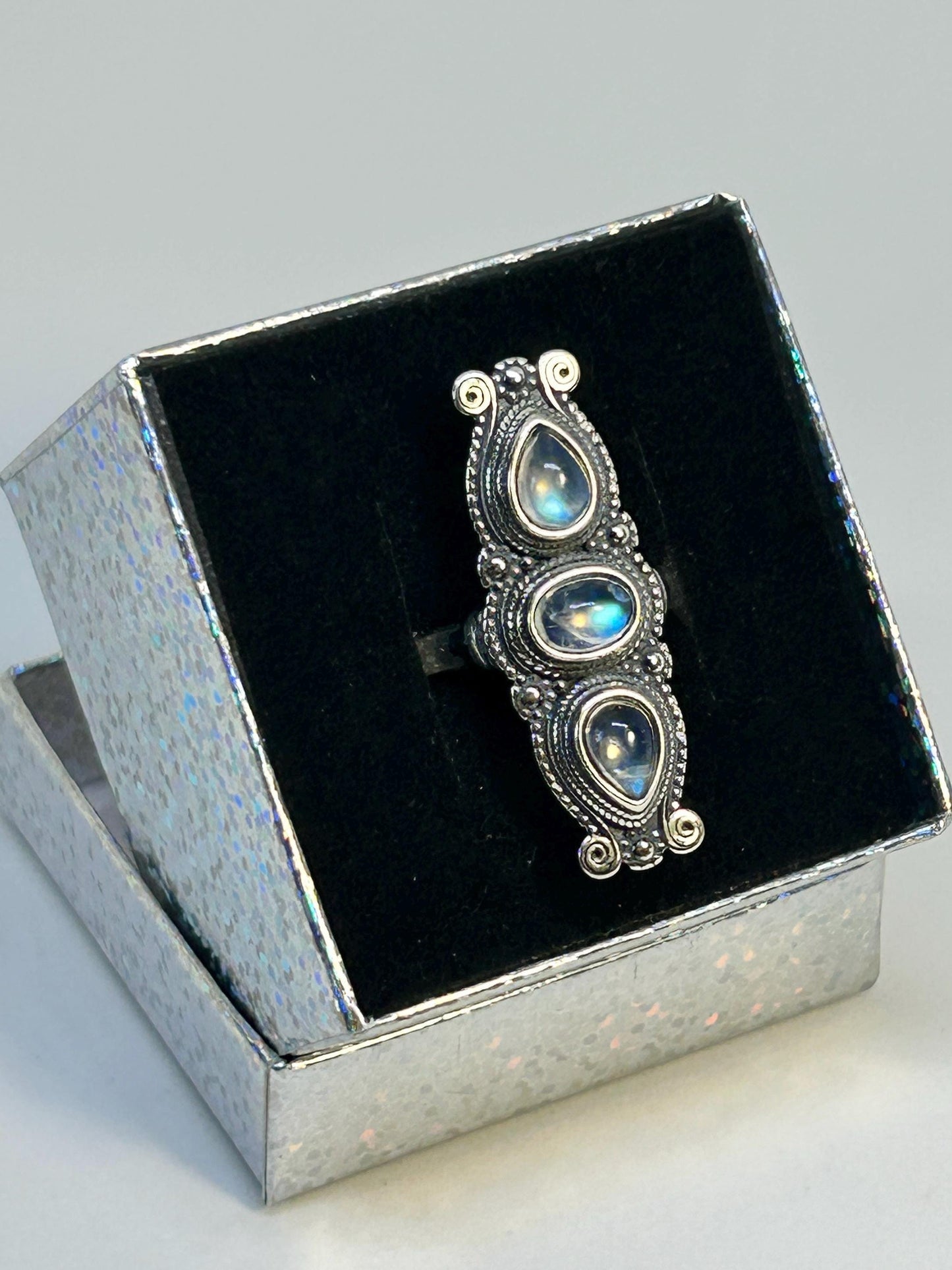 Bohemian Ring with Three Moonstone Gemstones • 925 Sterling Silver • Adjustable • Gift Box