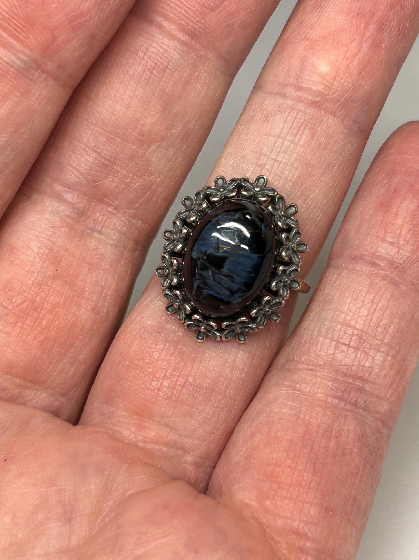 Pietersite Ring - 925 Sterling Silver - Oxidised Floral Design - Adjustable - With Gift Box Celtic Dragon Jewellery