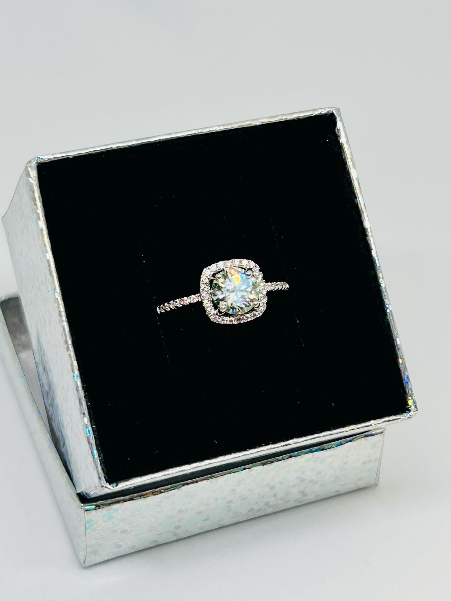 Square Moissanite Ring with CZ Accents • 925 Sterling Silver • Adjustable • Gift Box