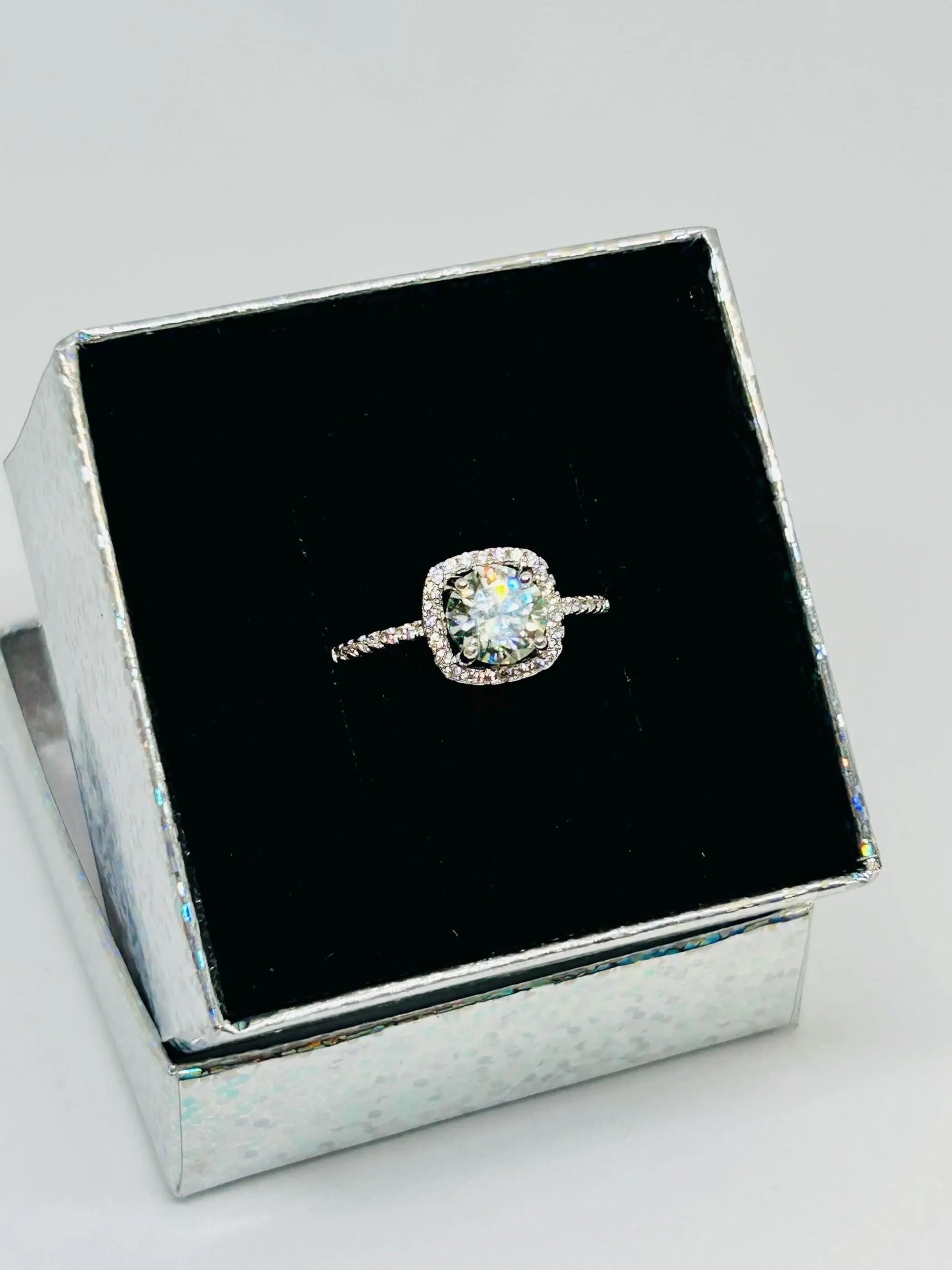 Square Moissanite Ring with CZ Accents • 925 Sterling Silver • Adjustable • Gift Box Celtic Dragon Jewellery