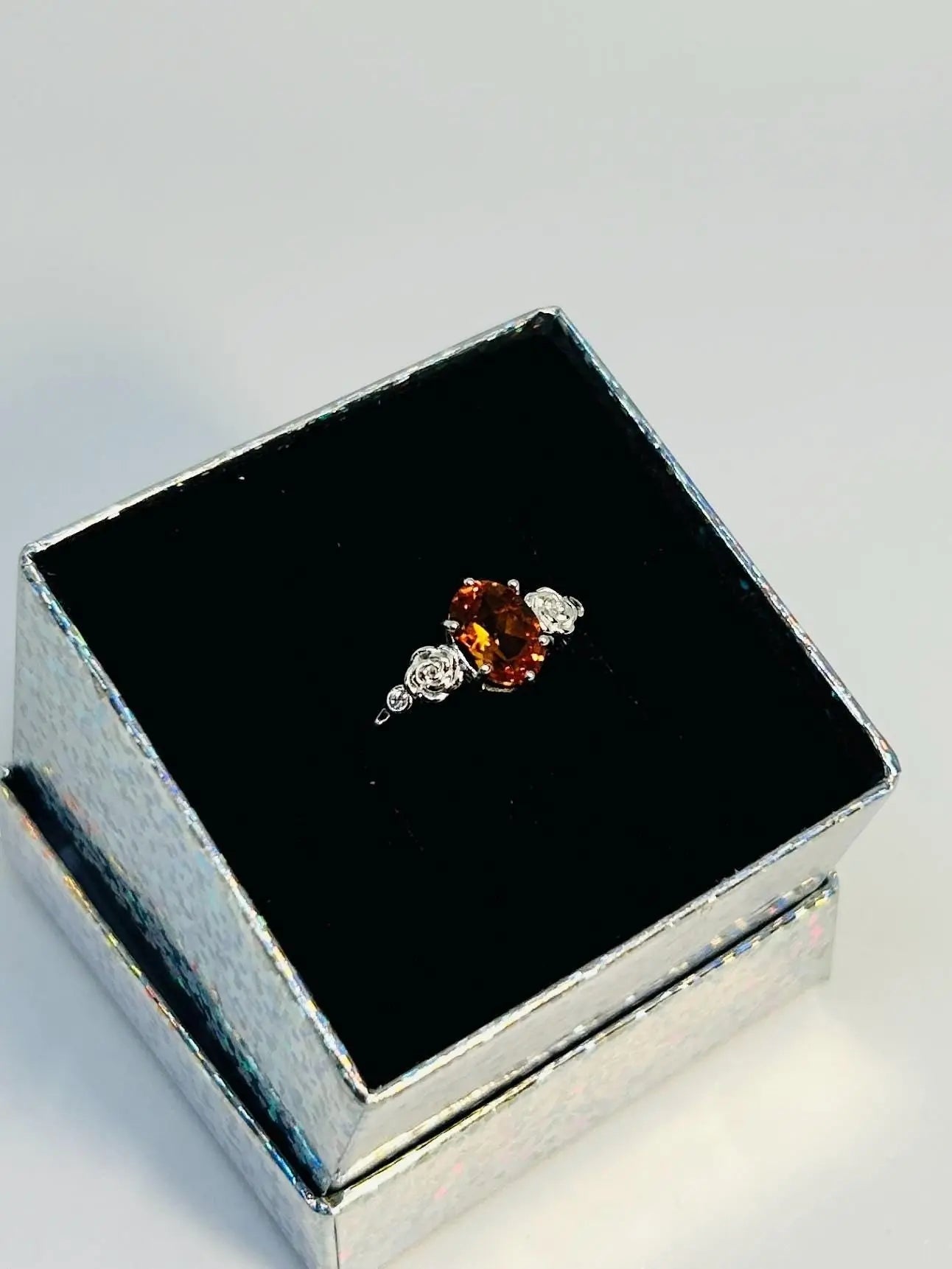 Floral Ring with Orange Citrine Gemstone • 925 Sterling Silver • Adjustable • Gift Box Celtic Dragon Jewellery