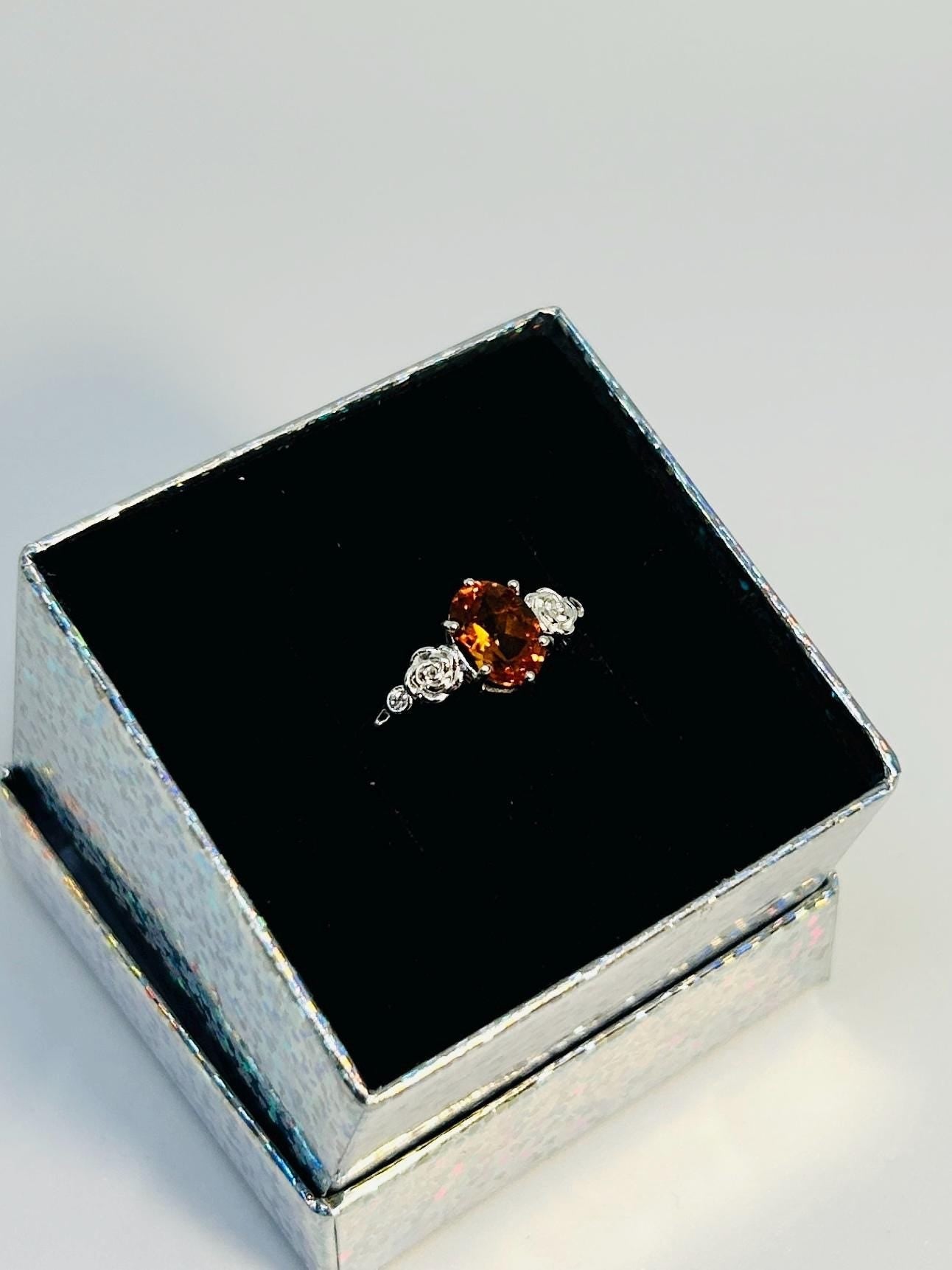 Floral Ring with Orange Citrine Gemstone • 925 Sterling Silver • Adjustable • Gift Box