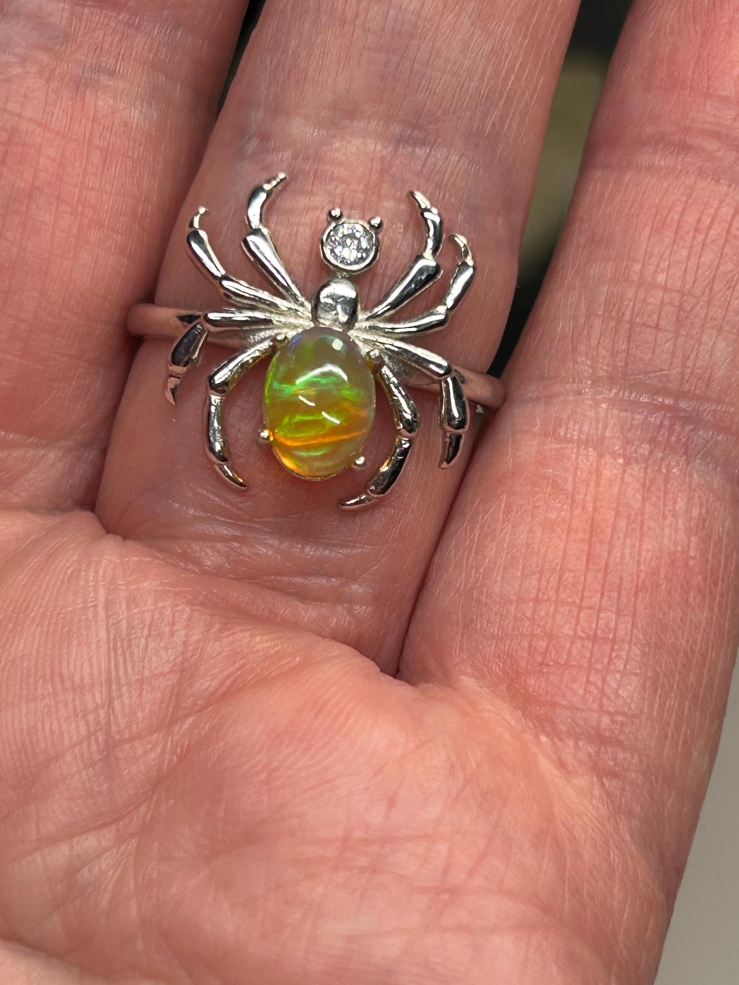 925 Silver Spider Ring with Opal - Adjustable Statement Gemstone Jewellery with CZ - Gift Boxed