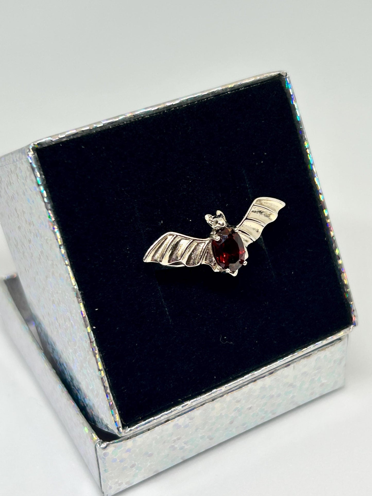 Gothic Bat Ring with Red Garnet Gemstone • 925 Sterling Silver • Adjustable • Gift Box