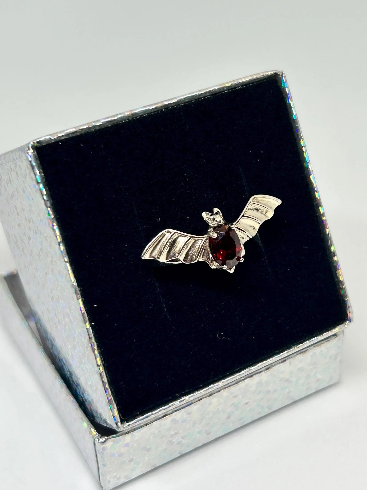 Gothic Bat Ring with Red Garnet Gemstone • 925 Sterling Silver • Adjustable • Gift Box Celtic Dragon Jewellery