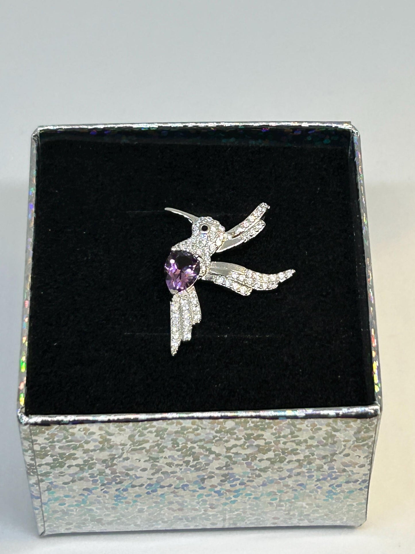 CZ Encrusted Hummingbird Pendant with Amethyst Gemstone • 925 Sterling Silver • Gift Box