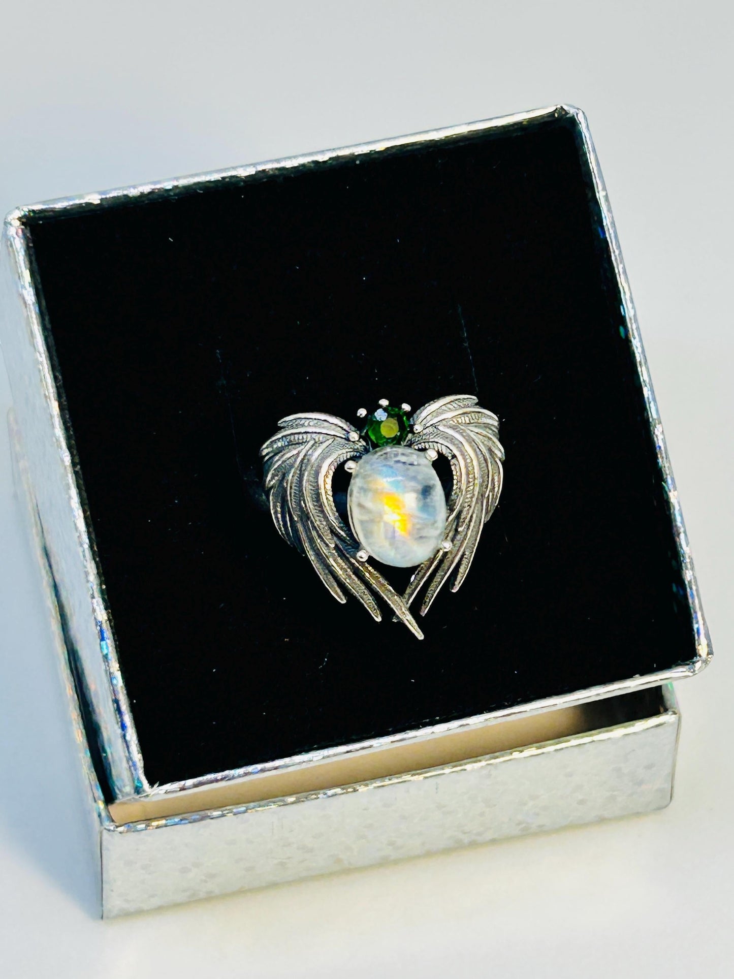 Angel Wings Ring with Labradorite & Diopside • 925 Sterling Silver • Adjustable • Gift Box