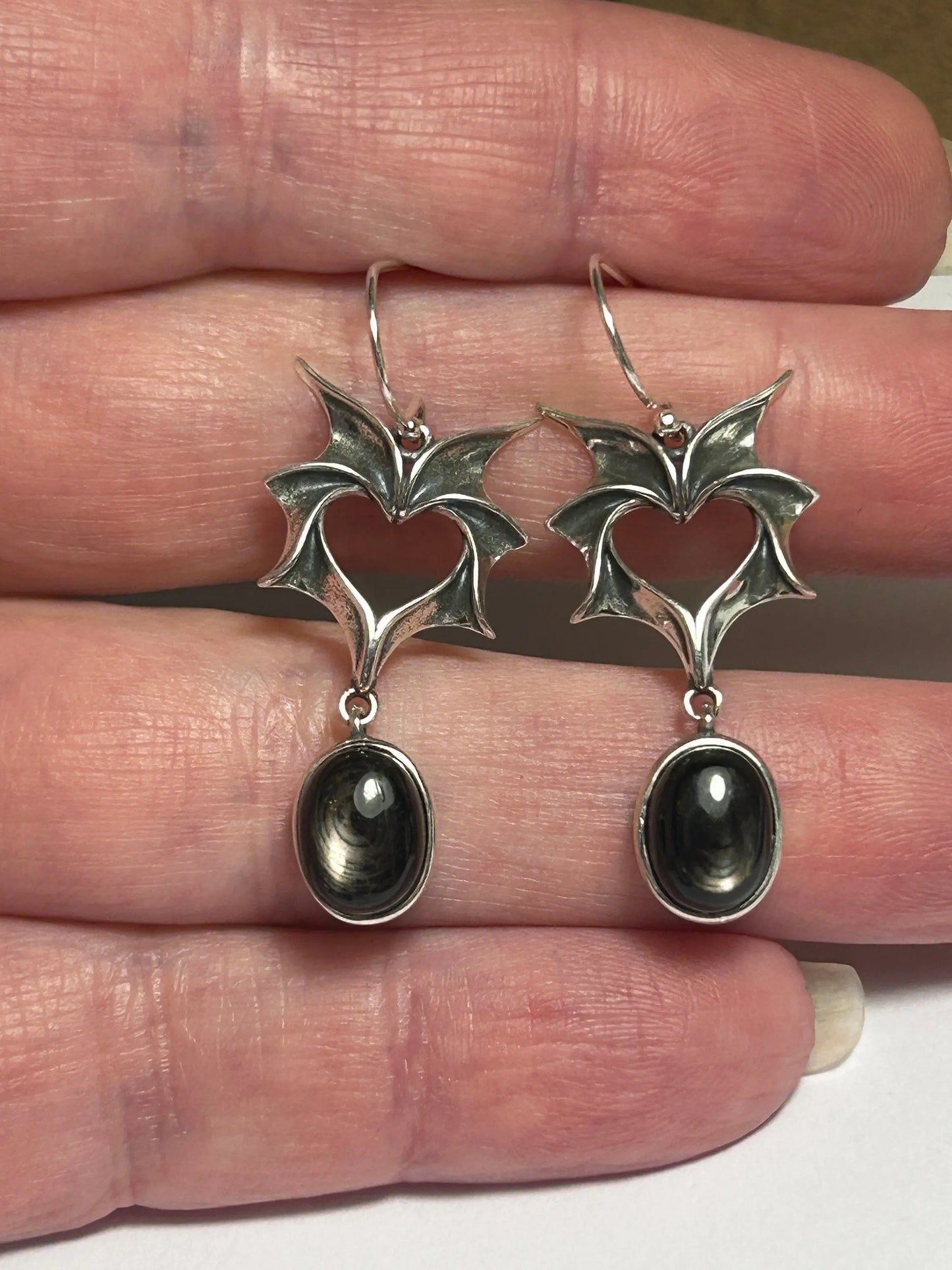 Gothic Bat Wing Dropper Earrings with Hypersthene Gemstone • 925 Sterling Silver • Gift Box Celtic Dragon Jewellery