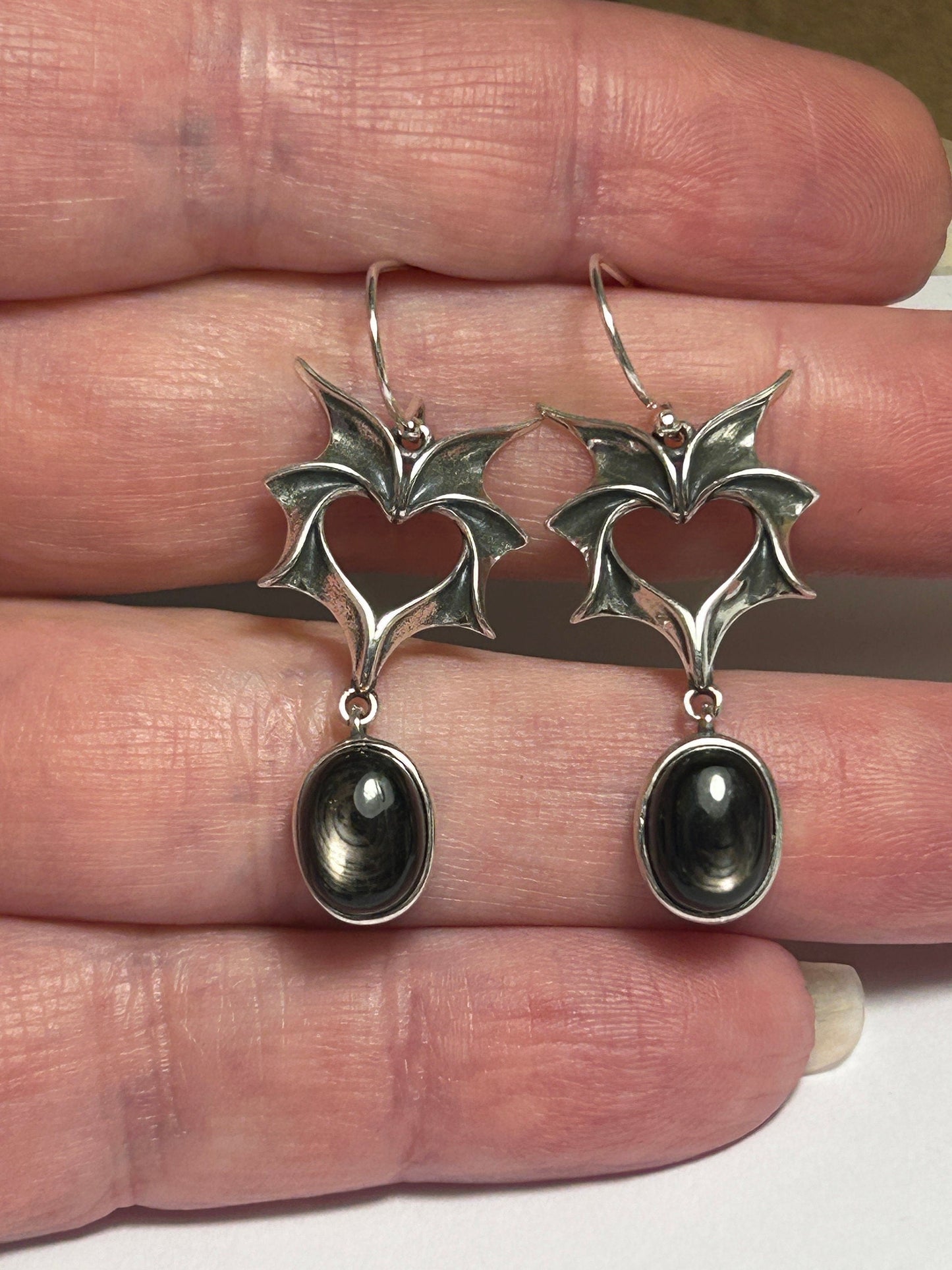 Gothic Bat Wing Dropper Earrings with Hypersthene Gemstone • 925 Sterling Silver • Gift Box