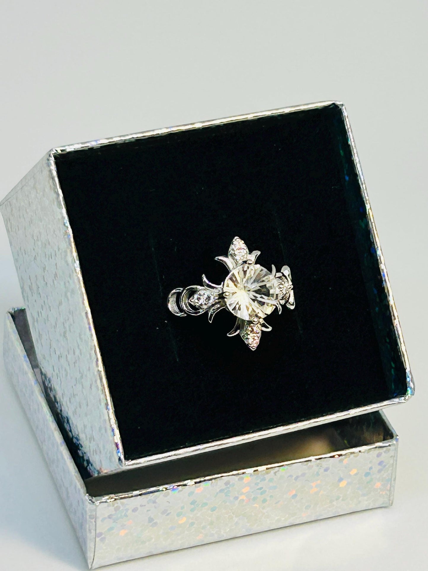 Fleur De Lys Ring with Clear Quartz Gemstone & CZ Accents • 925 Sterling Silver • Adjustable • Gift Box