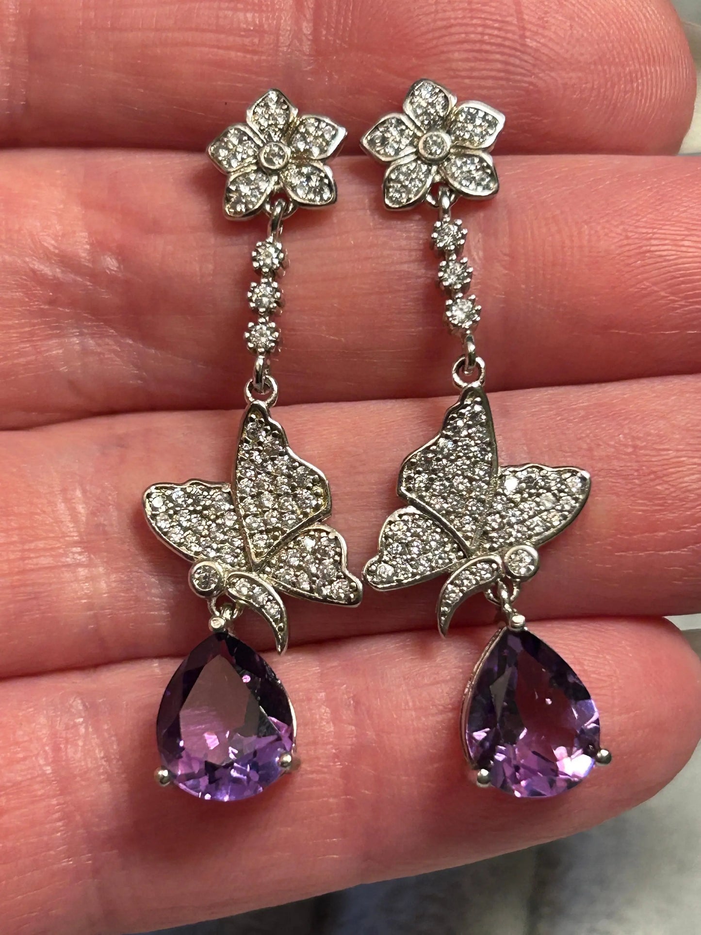 Butterfly Dangle Earrings with Faceted Amethyst Gemstone & CZ Accents • 925 Sterling Silver • Gift Box Celtic Dragon Jewellery