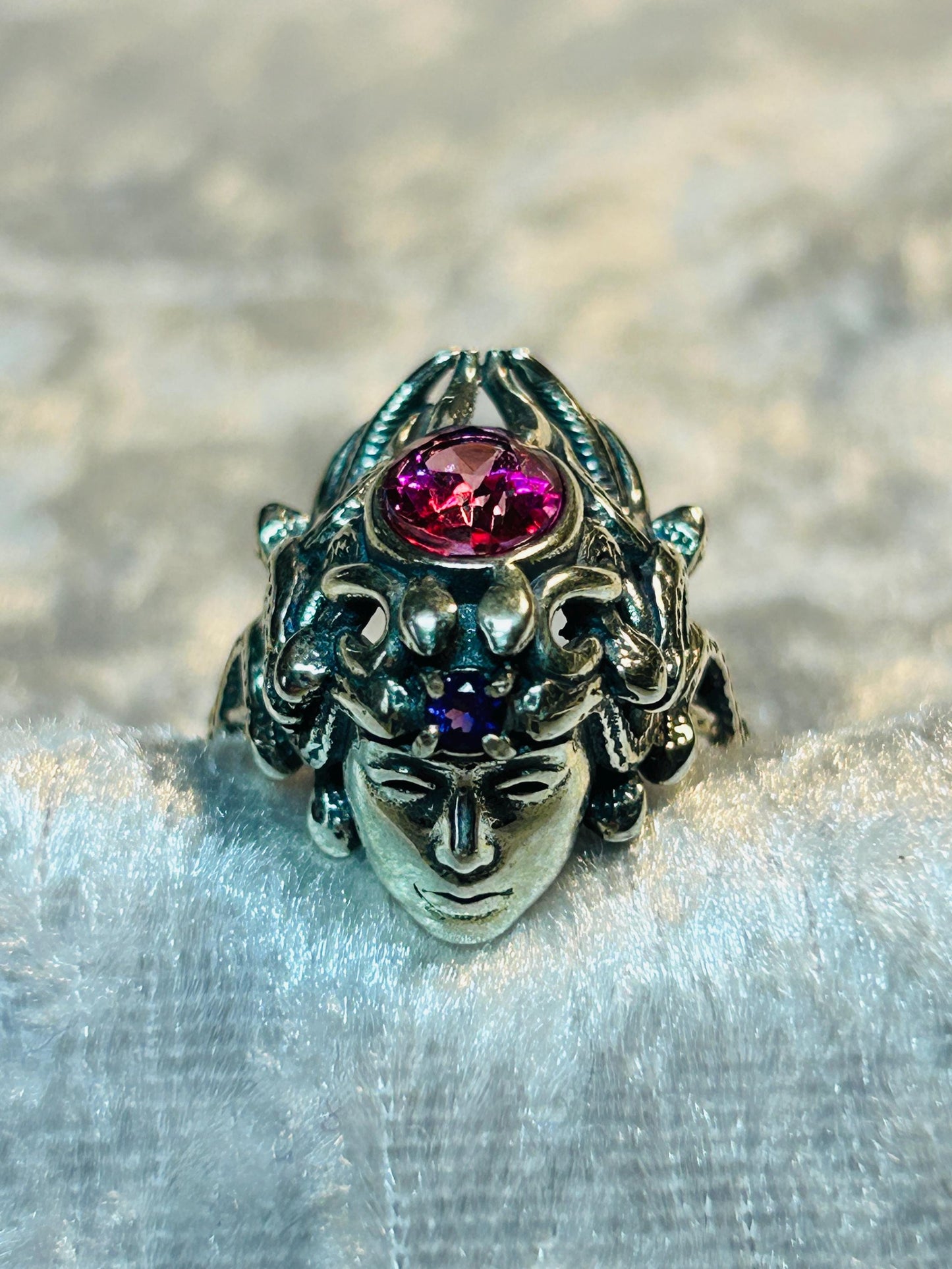 Mythical Medusa Ring with Pink Topaz & Amethyst Gemstones • 925 Sterling Silver • Adjustable • Gift box