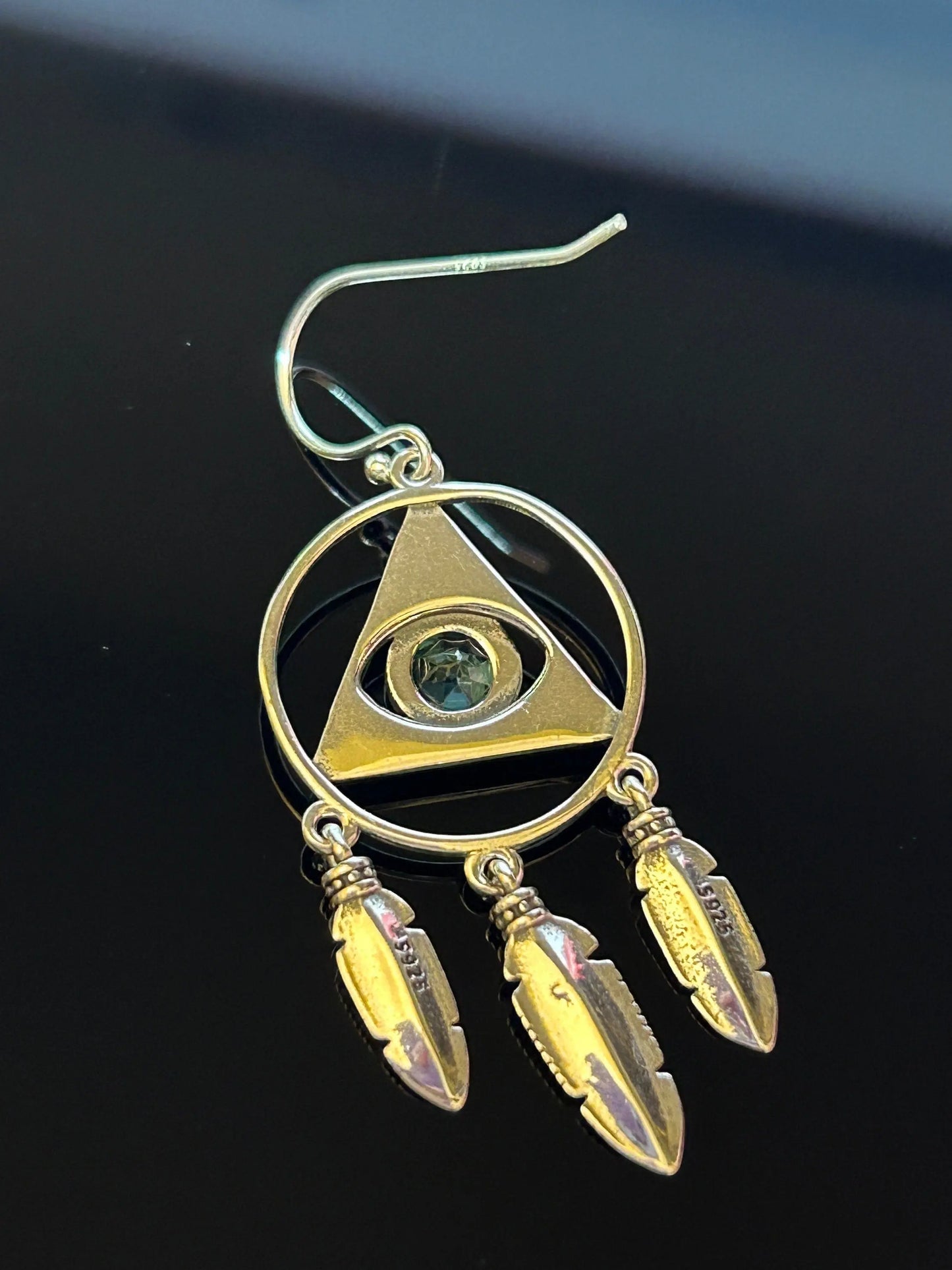 Evil Eye Dreamcatcher Earrings with Blue Topaz Gemstones • 925 Sterling Silver • Gift Box Celtic Dragon Jewellery