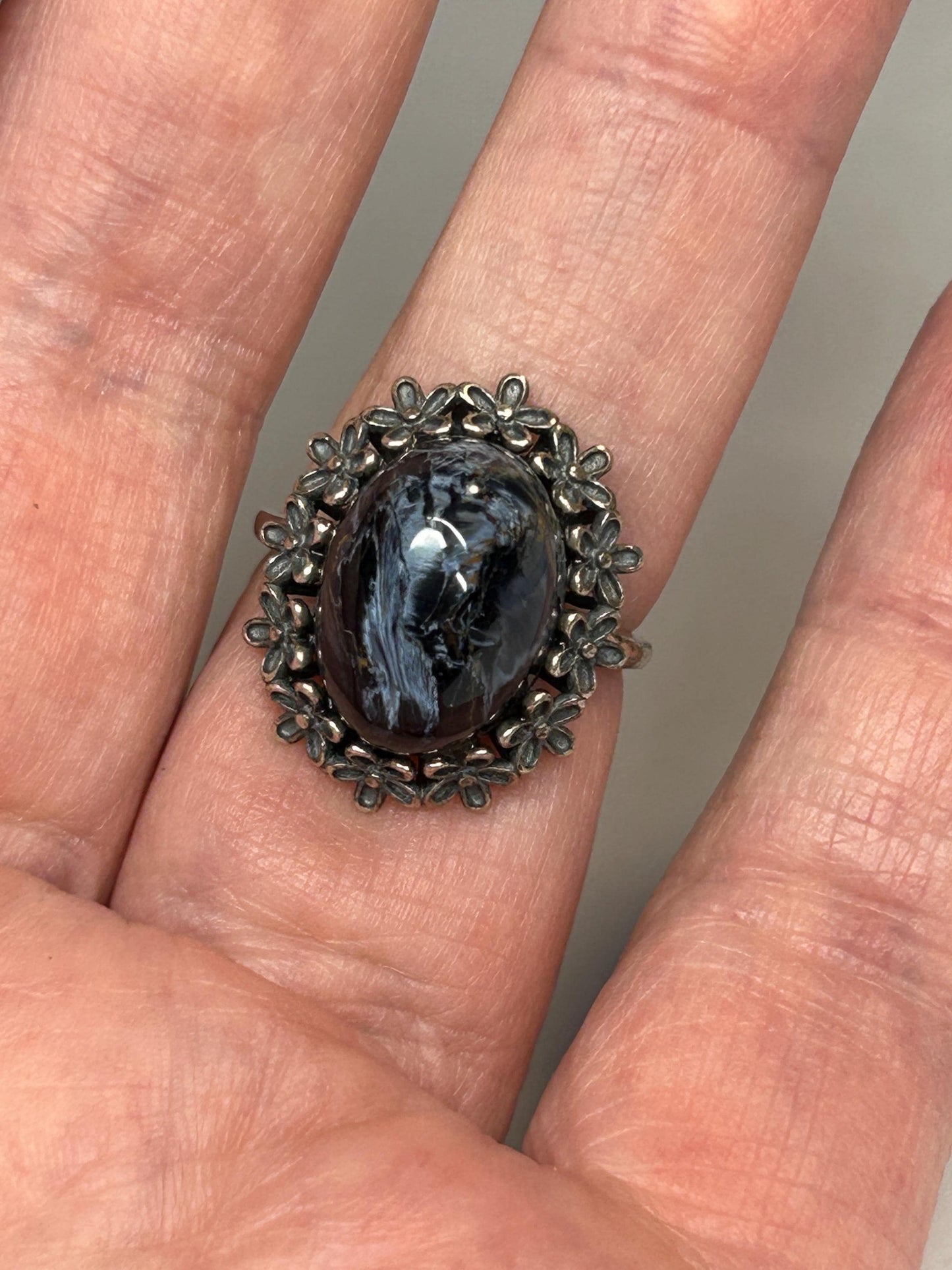 Pietersite Ring - 925 Sterling Silver - Oxidised Floral Design - Adjustable - With Gift Box