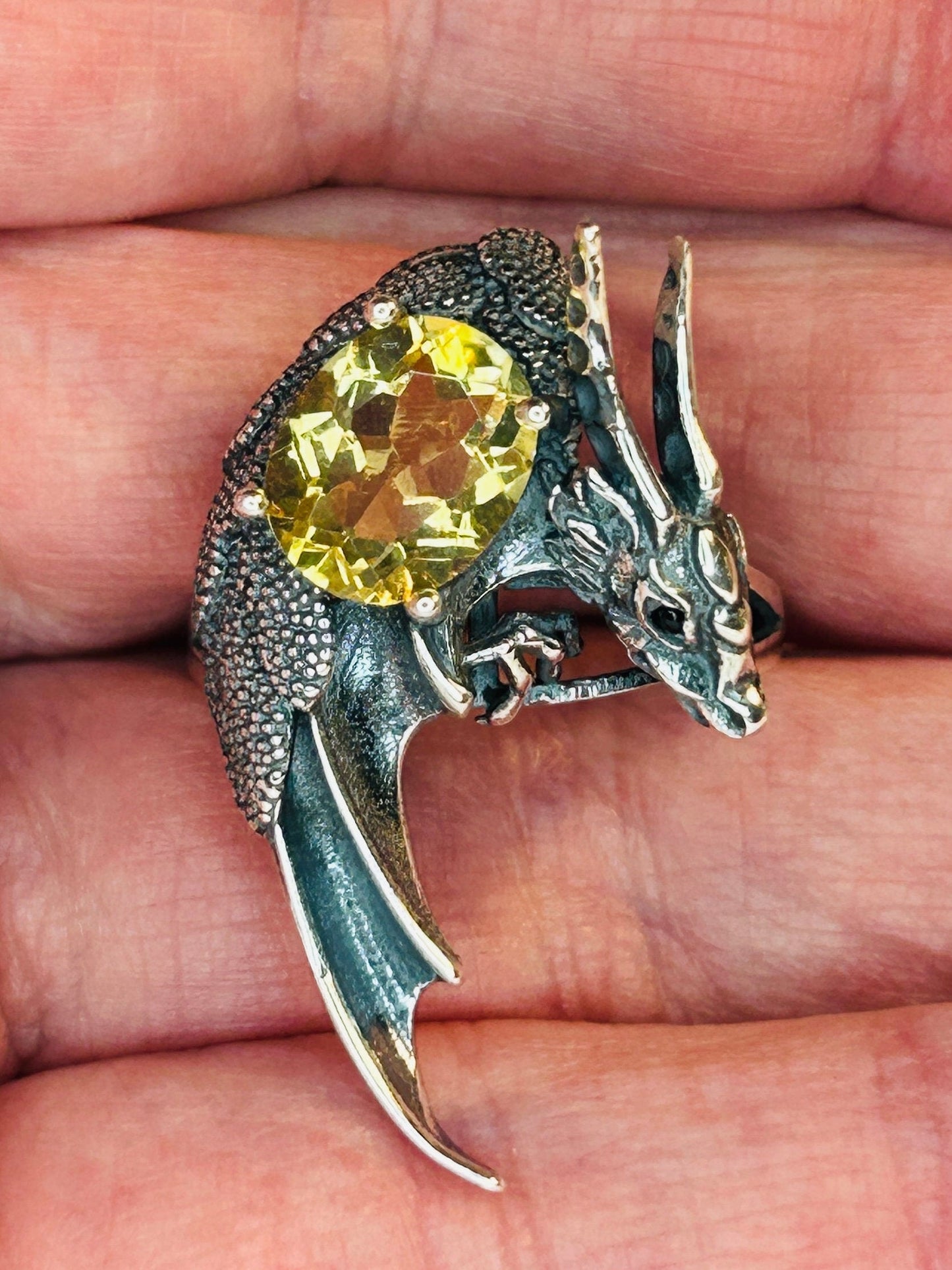 Large Dragon Ring with Citrine Gemstones • 925 Sterling Silver • Adjustable • Gift Box