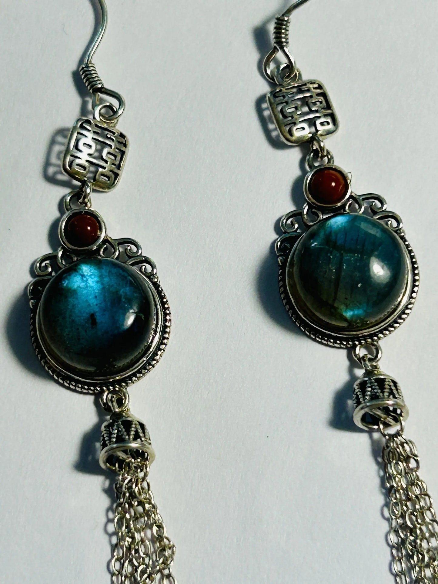 Labradorite Earrings with Tassel Chain Droppers • 925 Sterling Silver • Gift Box Celtic Dragon Jewellery