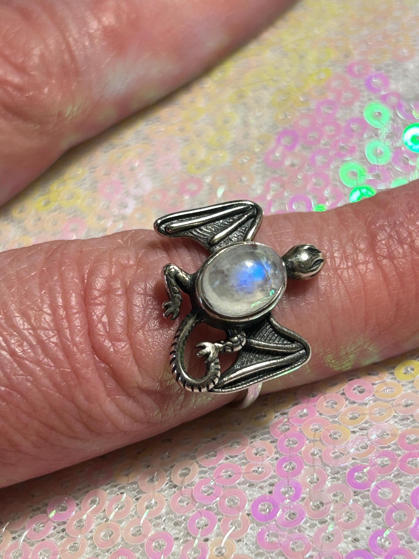 Fantasy Dragon Ring with Rainbow Moonstone Gemstone • 925 Sterling Silver • Adjustable • Gift Box