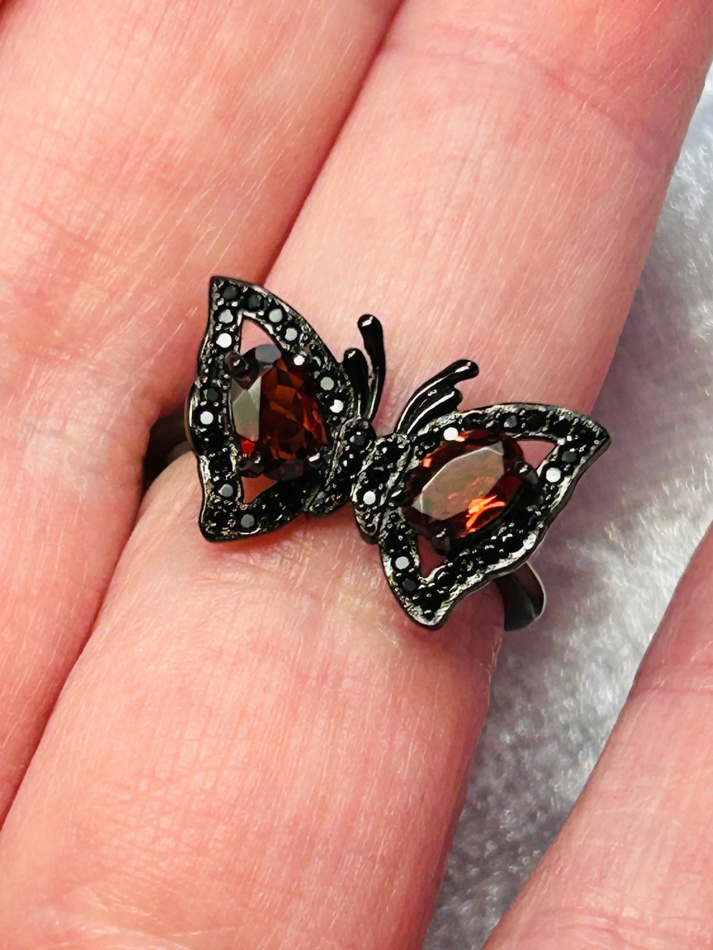 Black Butterfly Ring with Garnet Gemstones • 925 Sterling Silver • Black Ruthenium • Adjustable • Gift Box Celtic Dragon Jewellery