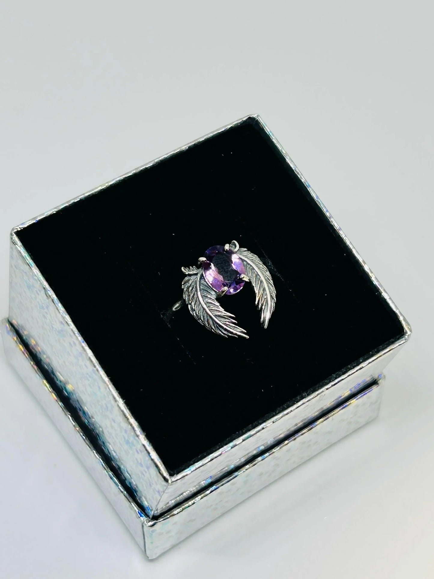 Angel Wings Ring with Amethyst Gemstone • 925 Sterling Silver • Adjustable • Gift Box Celtic Dragon Jewellery