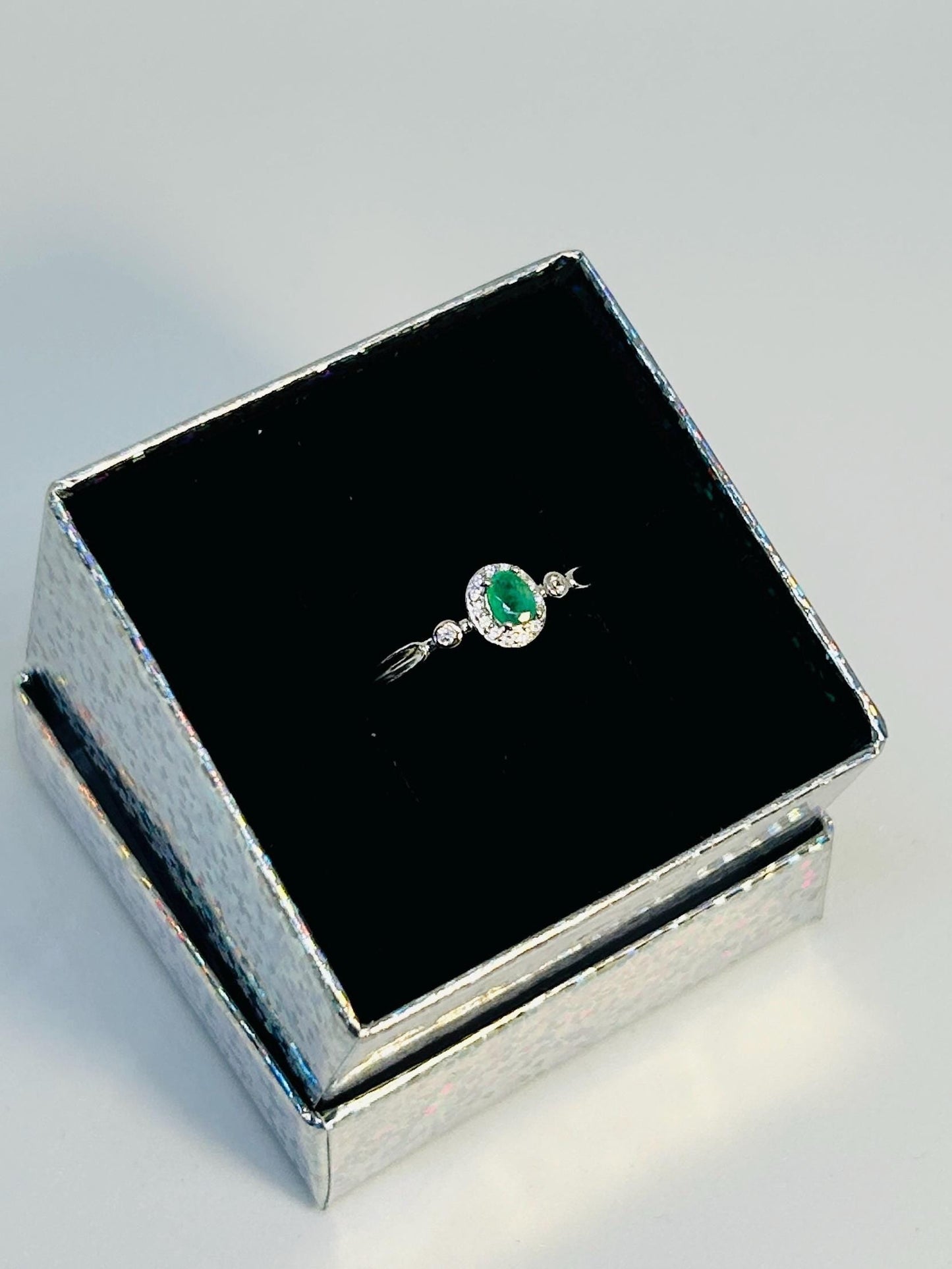 Dainty Stacking Ring with Emerald Gemstone & CZ Accents • 925 Sterling Silver • Adjustable • Gift Box