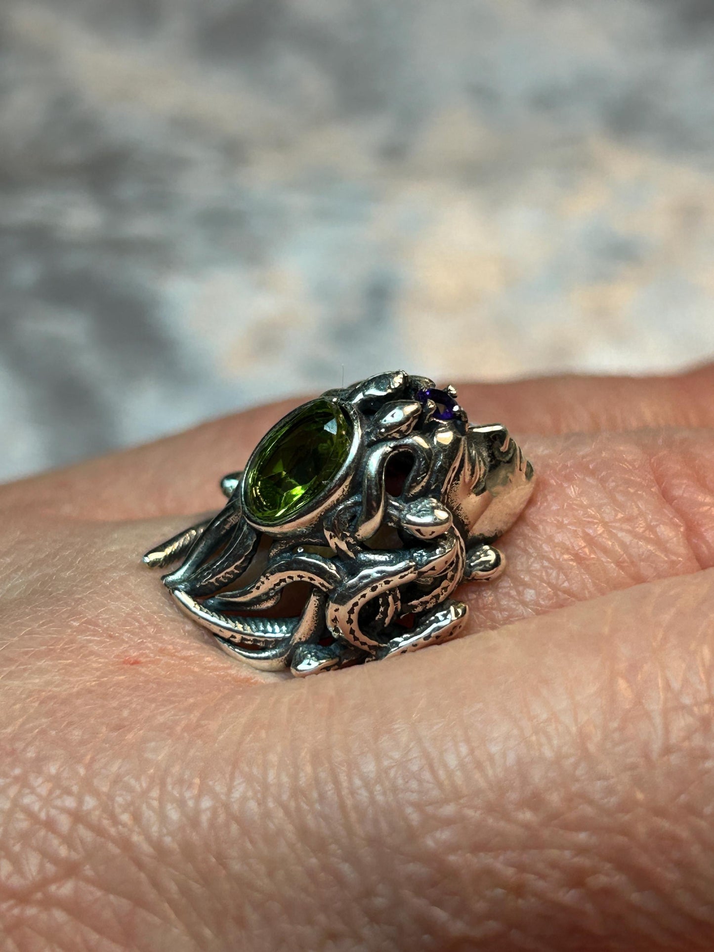 925 Silver Medusa Ring: Amethyst & Peridot Gemstones, Adjustable Size R