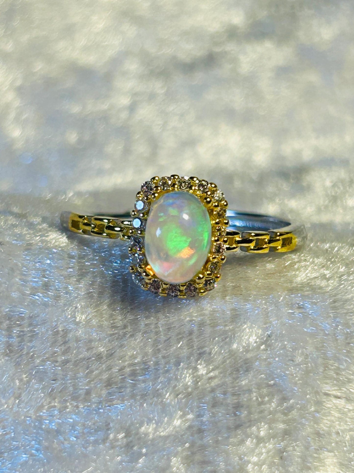 Rainbow Opal Ring with CZ Accents • Gold Plated 925 Sterling Silver • Adjustable • Gift Box