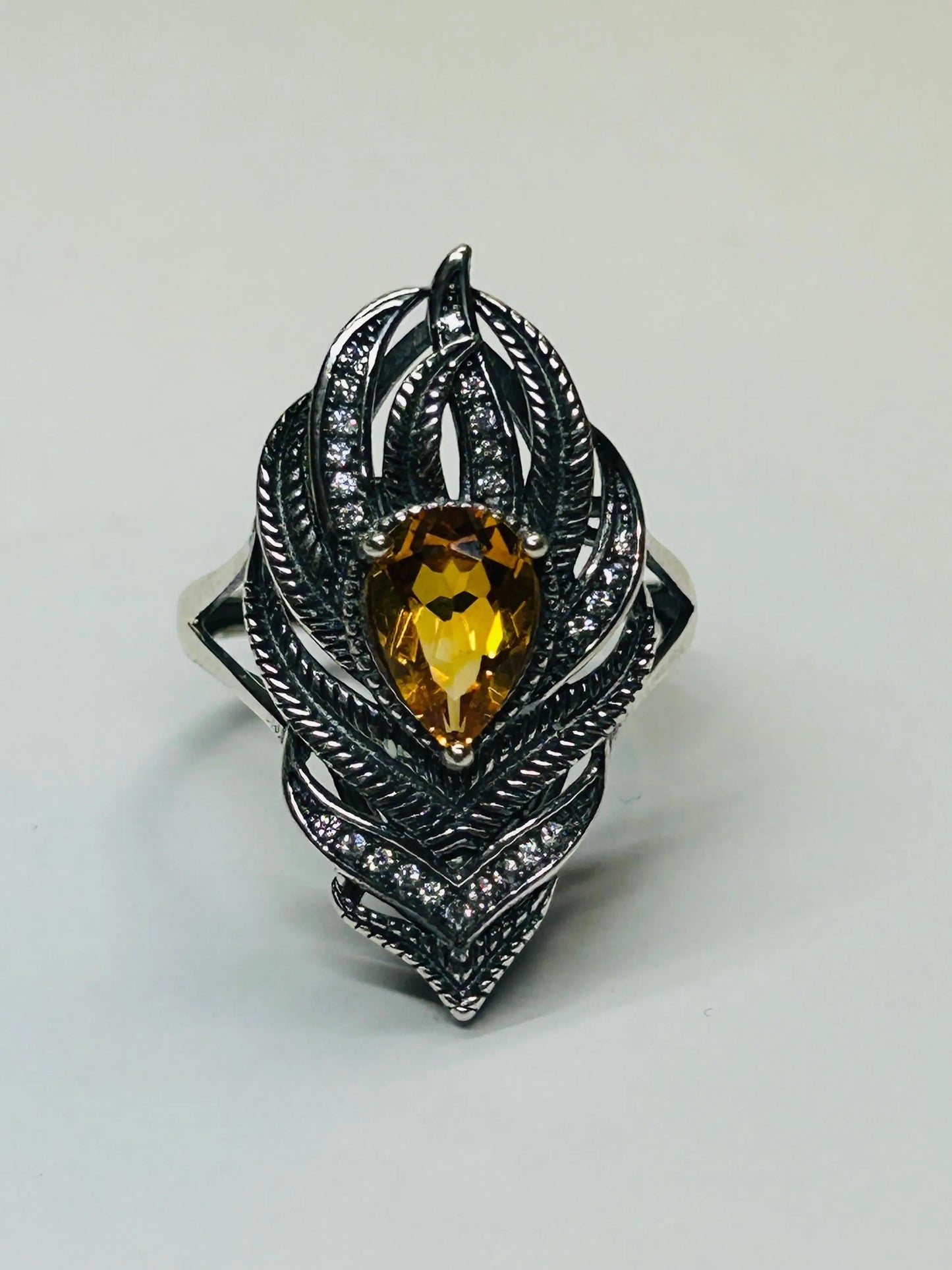 925 Silver Feather Ring • Peacock Feather with Citrine Gemstone • CZ Accents • Adjustable • Giftbox Celtic Dragon Jewellery