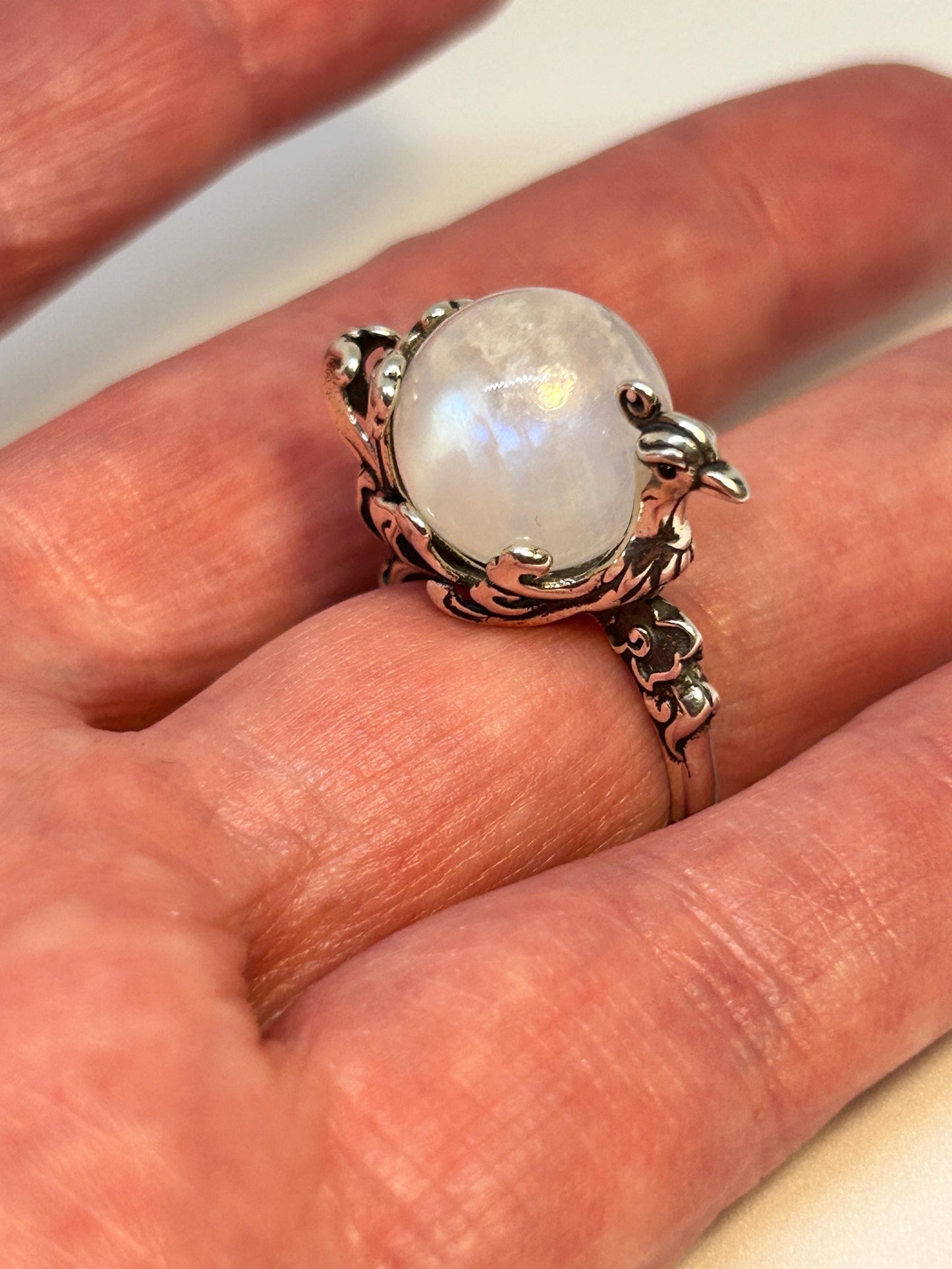 Large Phoenix Ring with Moonstone Sphere Gemstone • 925 Sterling Silver • Adjustable • Gift Box