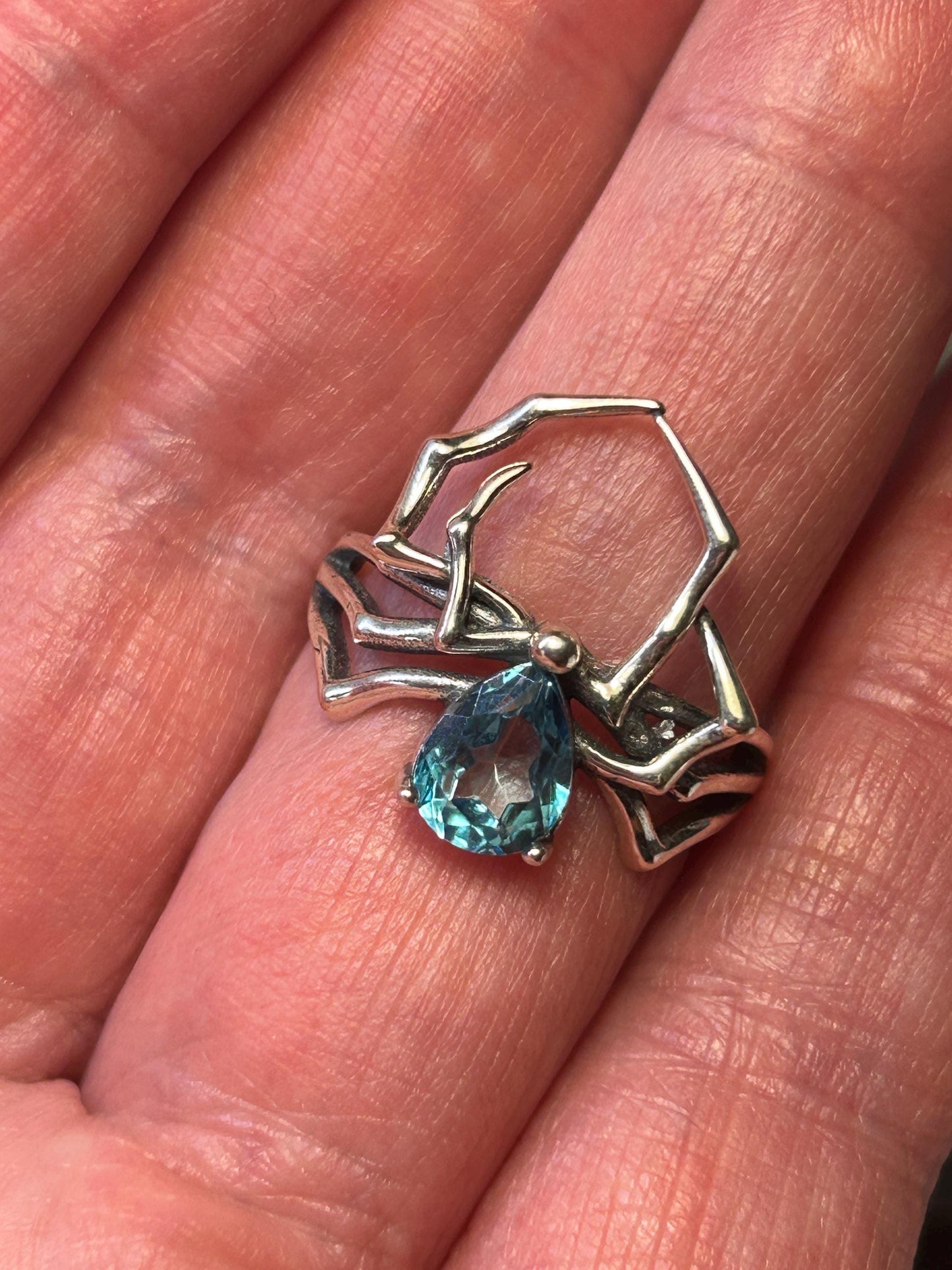 Spider Ring with Blue Topaz Gemstone • 925 Sterling Silver • Adjustable • Gift Box