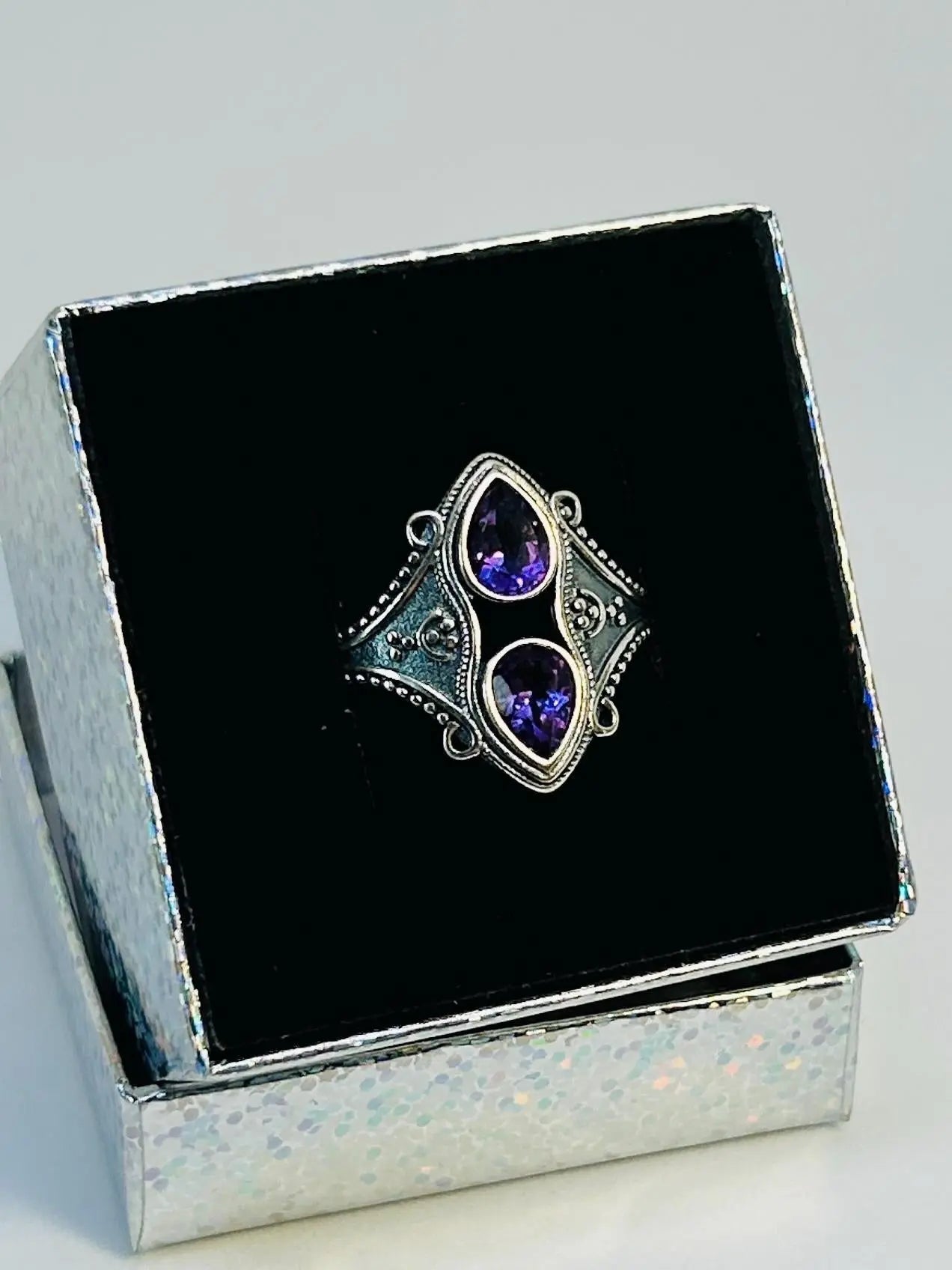 Corset Ring with 2 Amethyst Gemstones • 925 Sterling Silver • Adjustable • Gift Box Celtic Dragon Jewellery