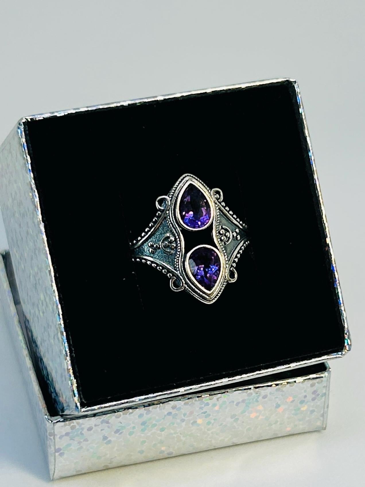 Corset Ring with 2 Amethyst Gemstones • 925 Sterling Silver • Adjustable • Gift Box
