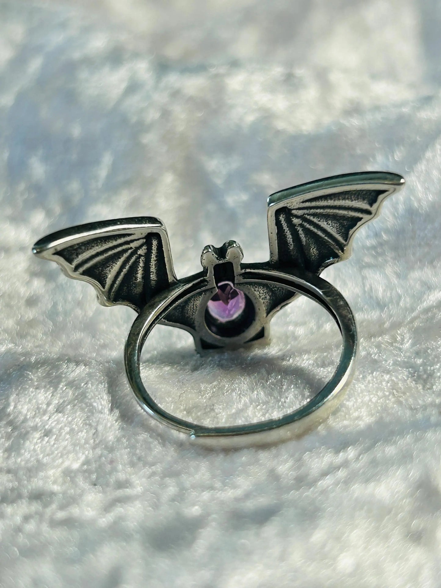Large Gothic Bat Ring with Faceted Amethyst Gemstone • 925 Sterling Silver • Adjustable • Gift Box Celtic Dragon Jewellery
