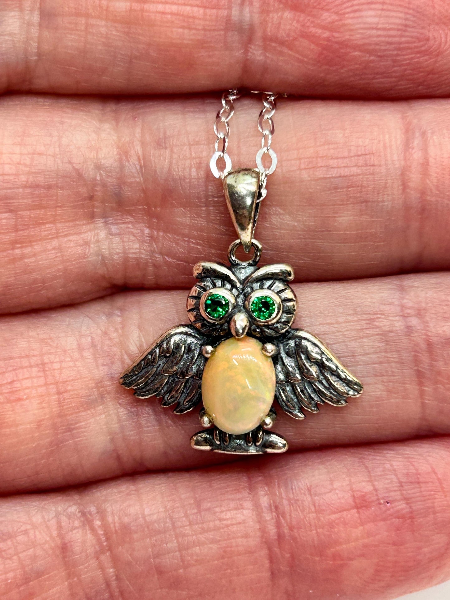 Owl Pendant with Opal Gemstone • 925 Sterling Silver • Gift box