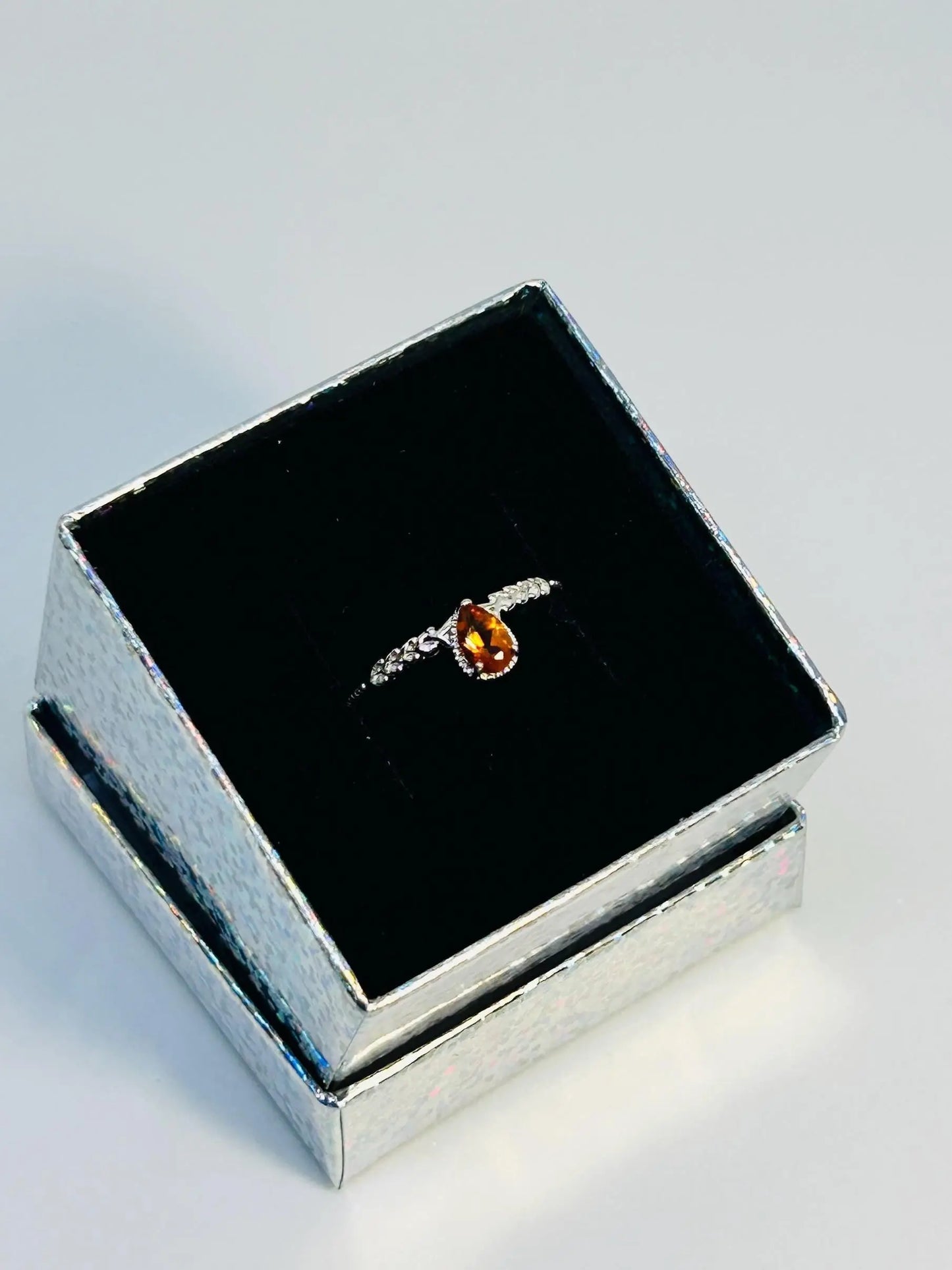 Dainty Stacking Ring with Orange Citrine Teardrop Gemstone • 925 Sterling Silver • Adjustable • Gift Box Celtic Dragon Jewellery