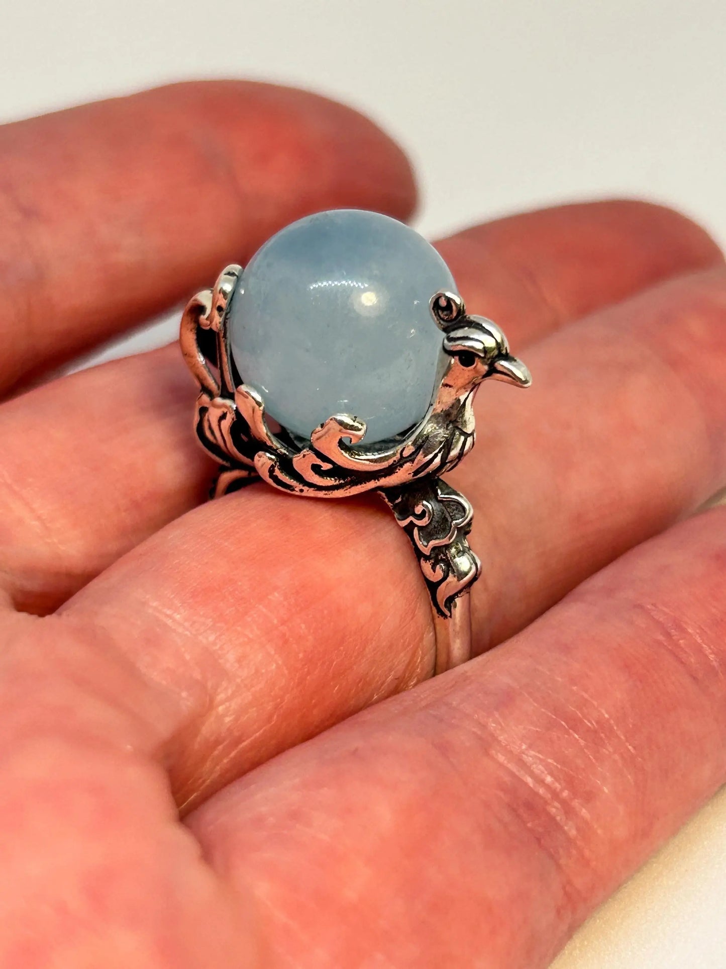 Large Phoenix Ring with Aquamarine Sphere Gemstone • 925 Sterling Silver • Adjustable • Gift Box Celtic Dragon Jewellery
