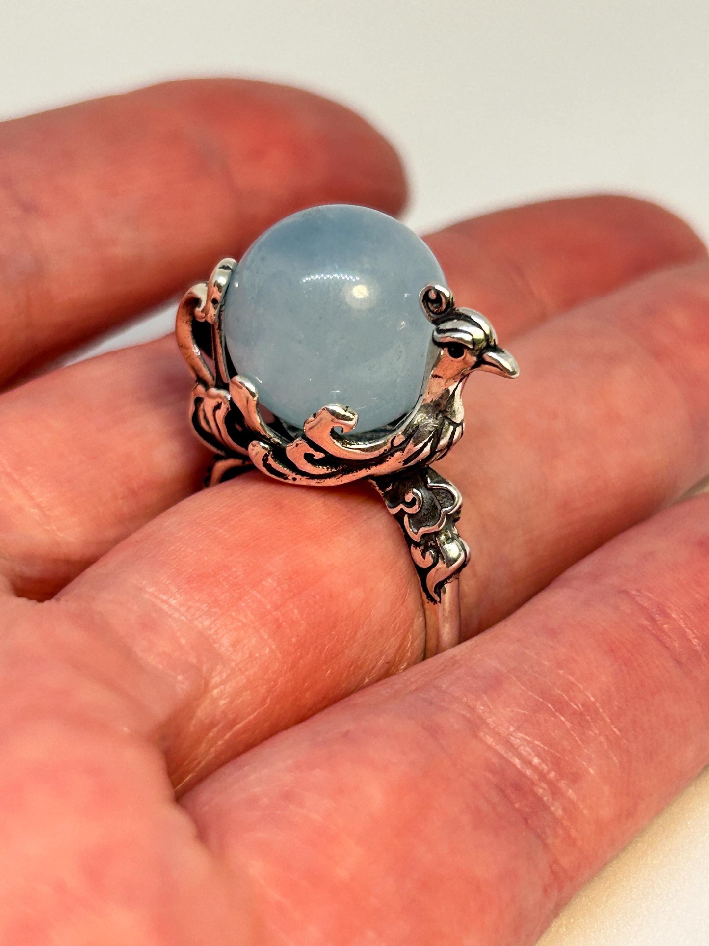 Large Phoenix Ring with Aquamarine Sphere Gemstone • 925 Sterling Silver • Adjustable • Gift Box