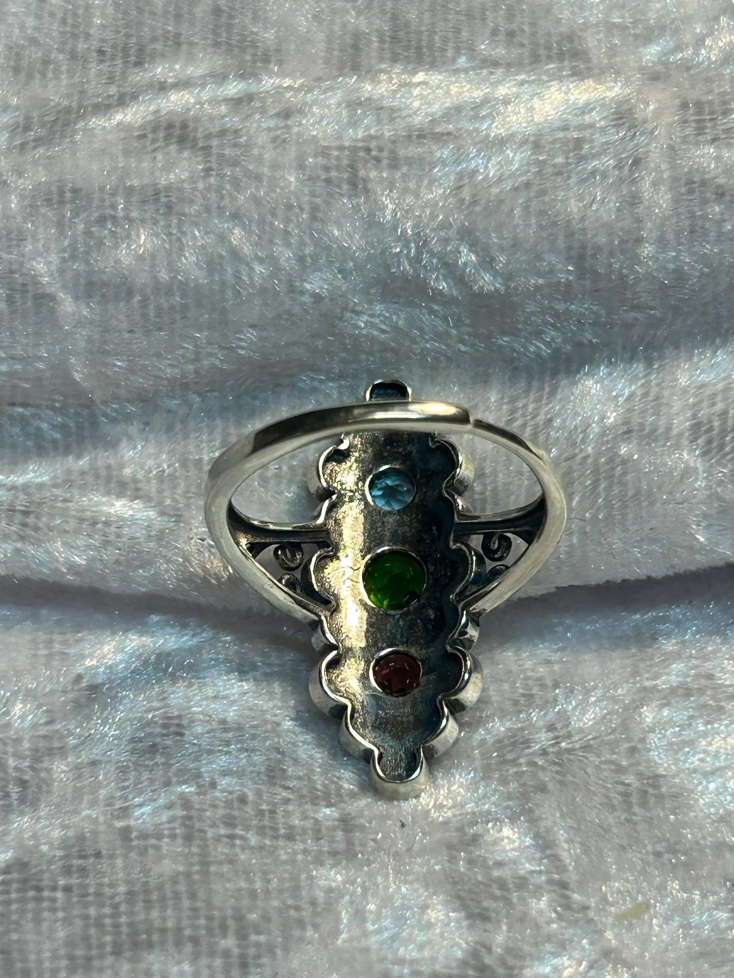 Ornate Triple Gemstone Ring with Garnet, Diopside & Topaz • 925 Sterling Silver • Adjustable • Gift Box Celtic Dragon Jewellery
