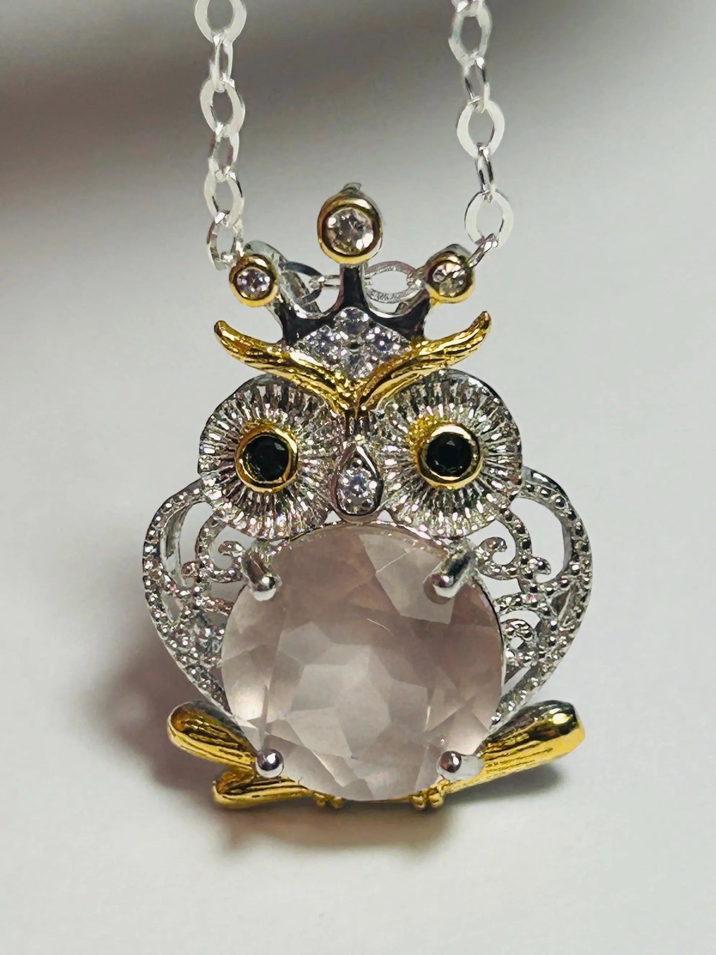 Owl Pendant with Rose Quartz Gemstone • 925 Sterling Silver • Gift Box Celtic Dragon Jewellery