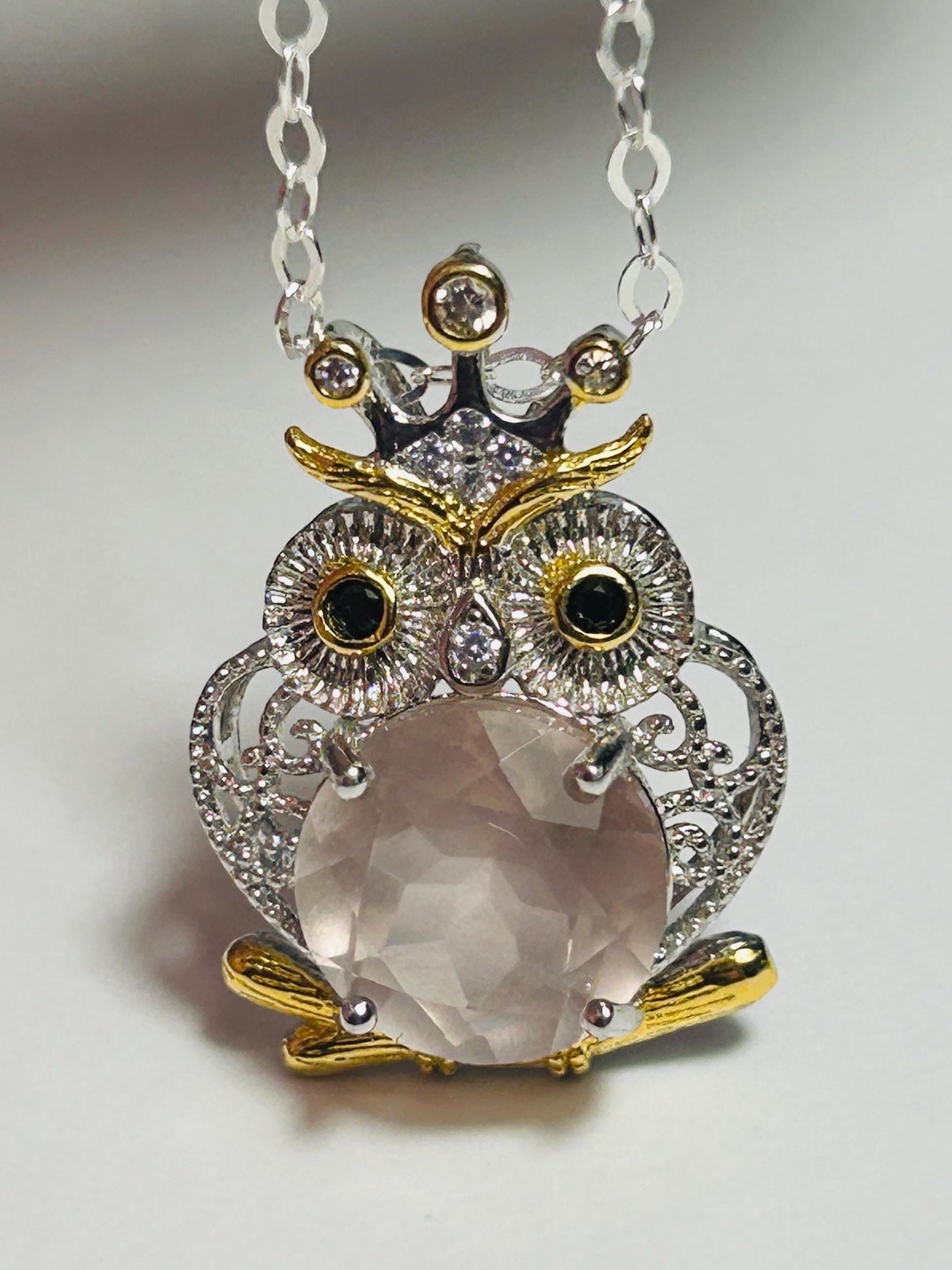 Owl Pendant with Rose Quartz Gemstone • 925 Sterling Silver • Gift Box