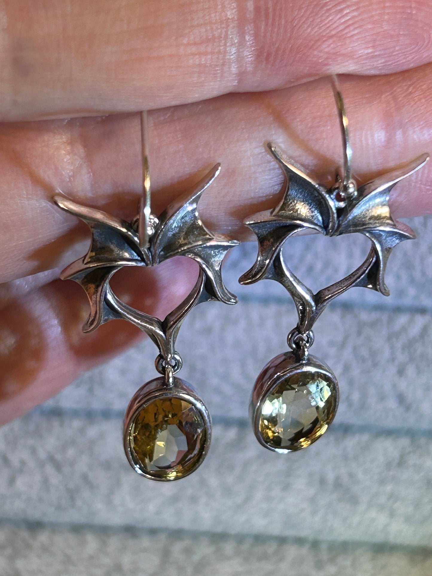 Gothic Bat Wing Earrings with Faceted Citrine Gemstone • 925 Sterling Silver • Gift Box