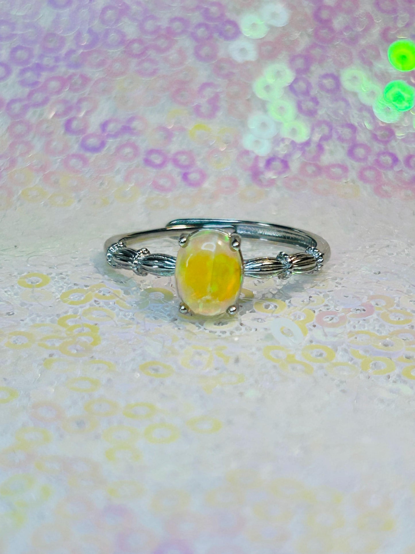 Dainty Rainbow Opal Ring • 925 Sterling Silver • Adjustable • Gift Box