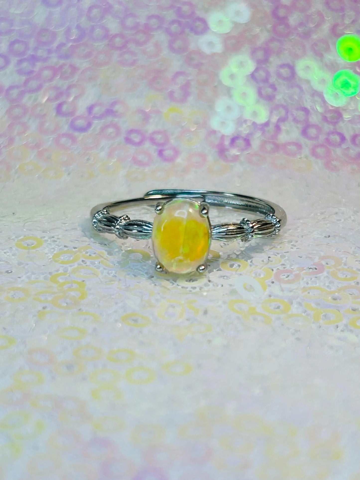Dainty Rainbow Opal Ring • 925 Sterling Silver • Adjustable • Gift Box Celtic Dragon Jewellery