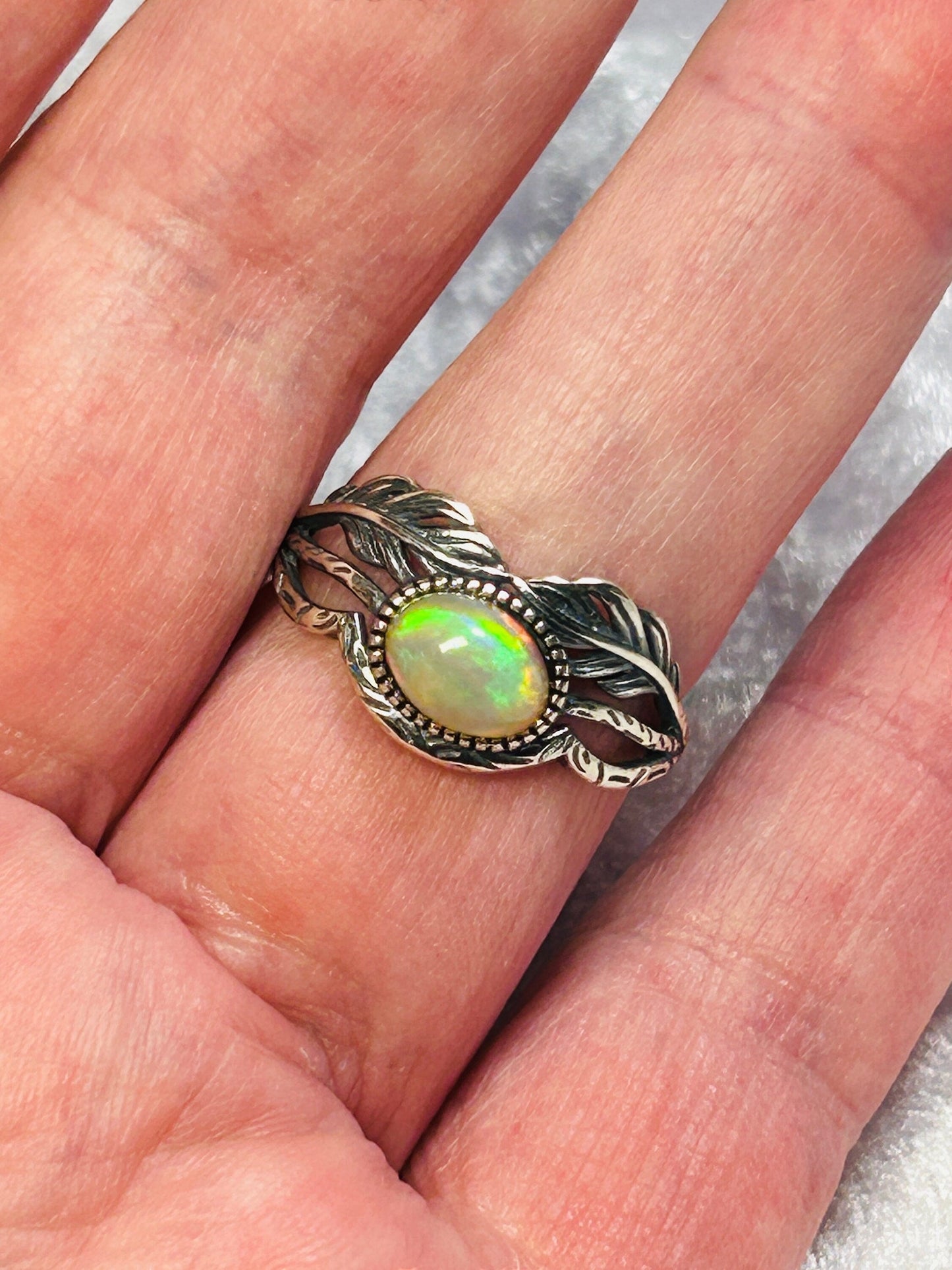 Vine Leaf Ring with Rainbow Opal Gemstone • 925 Sterling Silver • Adjustable • Gift Box