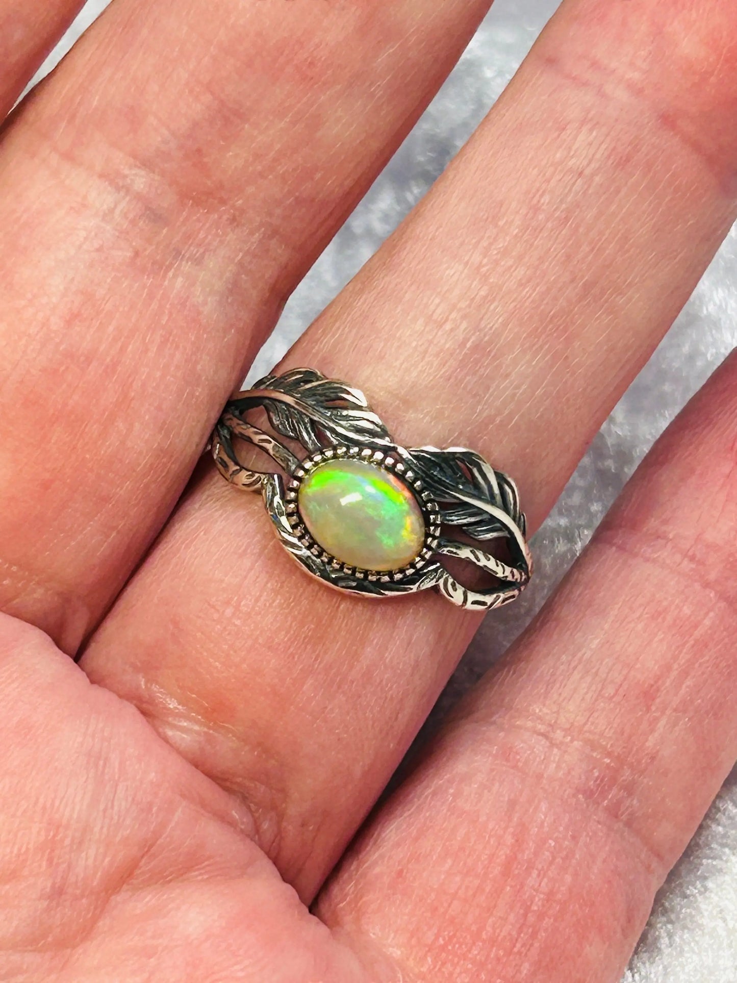 Vine Leaf Ring with Rainbow Opal Gemstone • 925 Sterling Silver • Adjustable • Gift Box Celtic Dragon Jewellery
